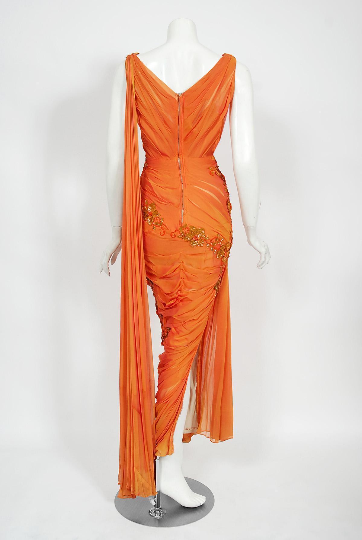 Vintage 1950s Orange Beaded Appliqué Ruched Chiffon Hourglass Old Hollywood Gown 7