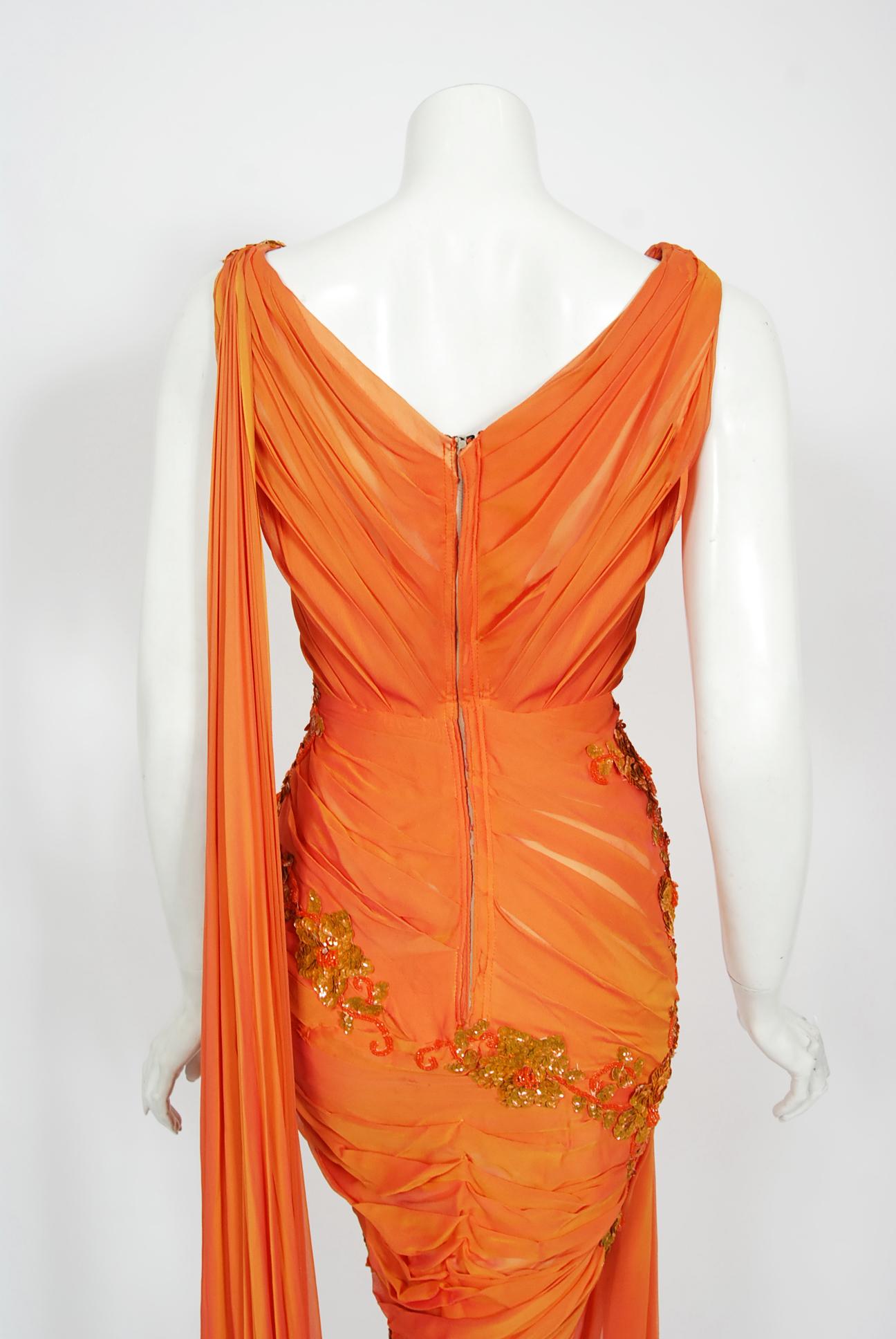 Vintage 1950s Orange Beaded Appliqué Ruched Chiffon Hourglass Old Hollywood Gown 8