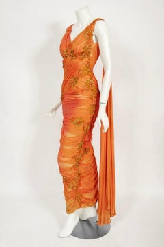 Vintage 1950s Orange Beaded Appliqué Ruched Chiffon Hourglass Old Hollywood Gown
