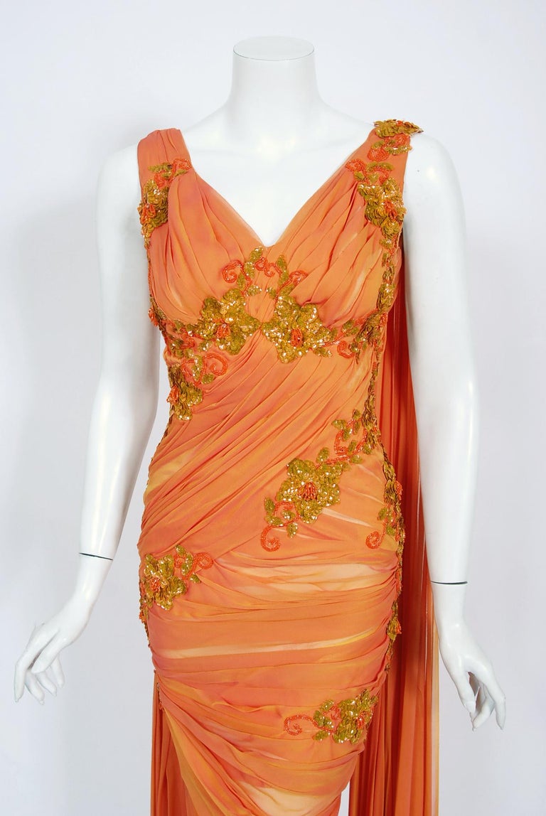 Vintage 1950s Orange Beaded Appliqué Ruched Chiffon Hourglass Old