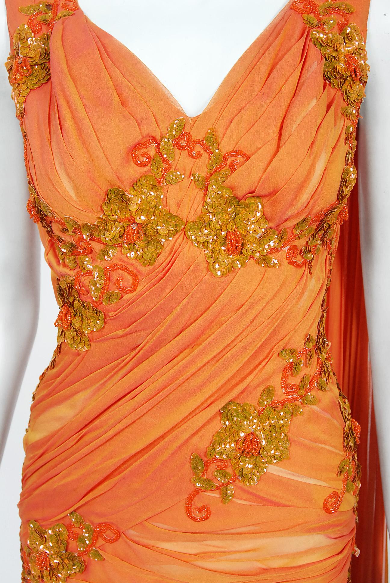 Vintage 1950s Orange Beaded Appliqué Ruched Chiffon Hourglass Old Hollywood Gown In Good Condition In Beverly Hills, CA