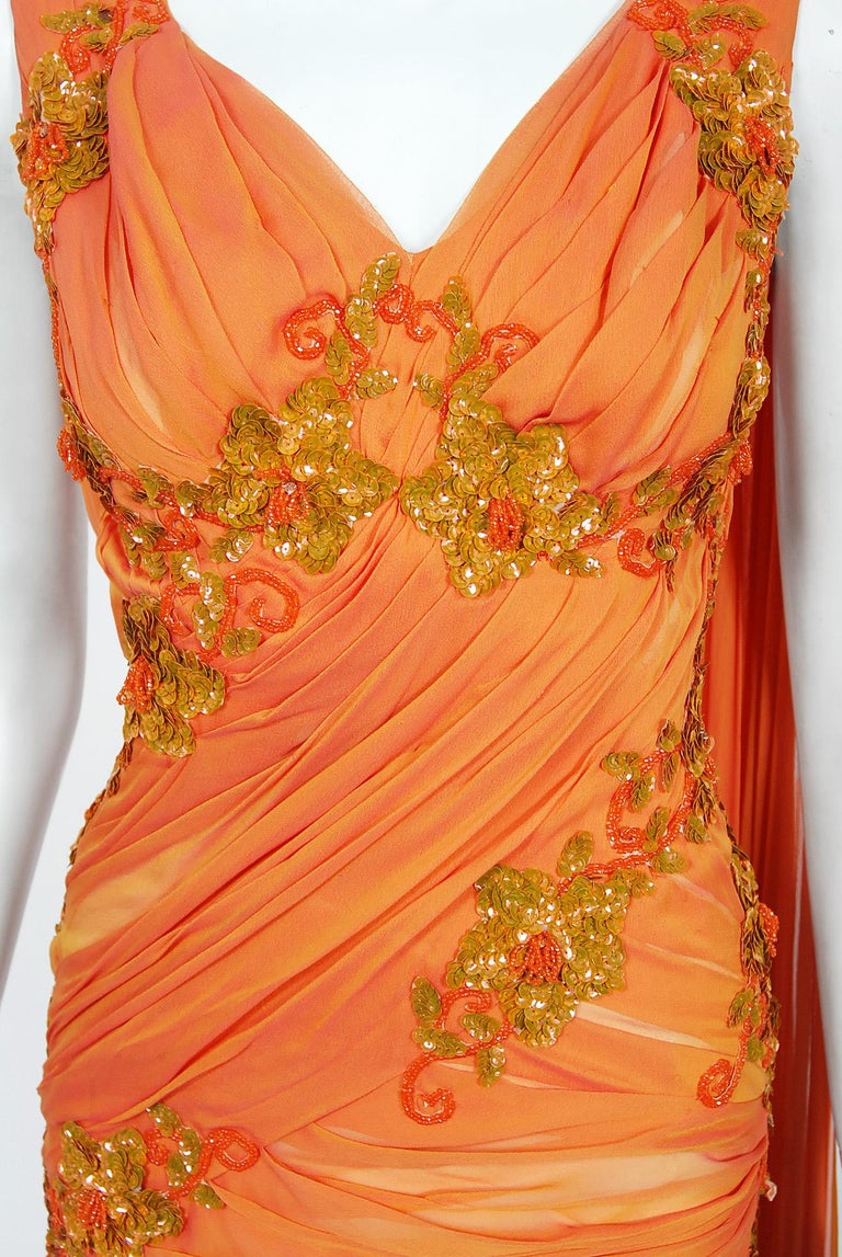 Vintage 1950s Orange Beaded Appliqué Ruched Chiffon Hourglass Old