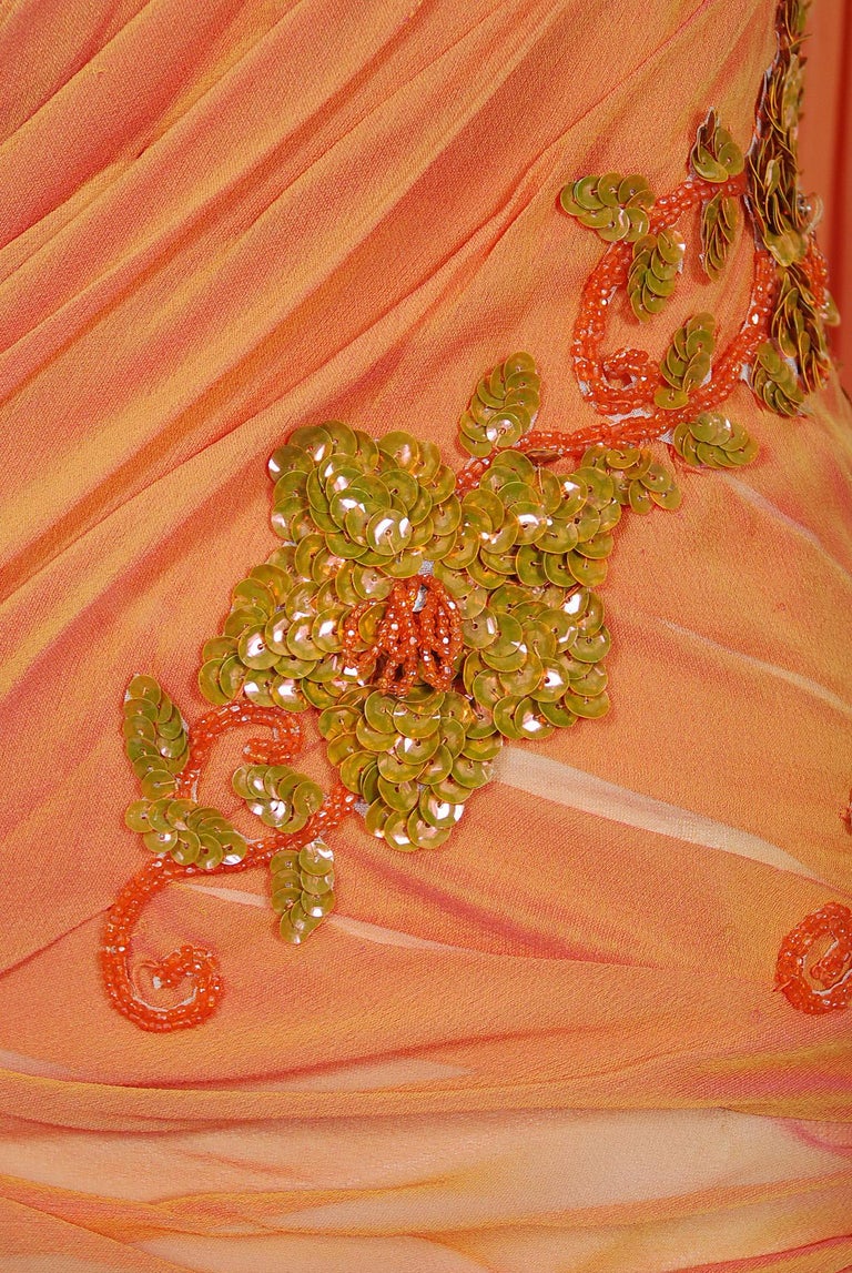 Vintage 1950s Orange Beaded Appliqué Ruched Chiffon Hourglass Old