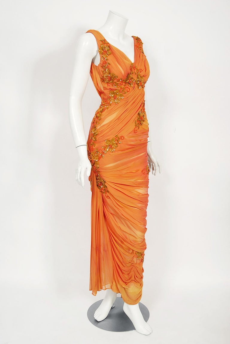 Vintage 1950s Orange Beaded Appliqué Ruched Chiffon Hourglass Old