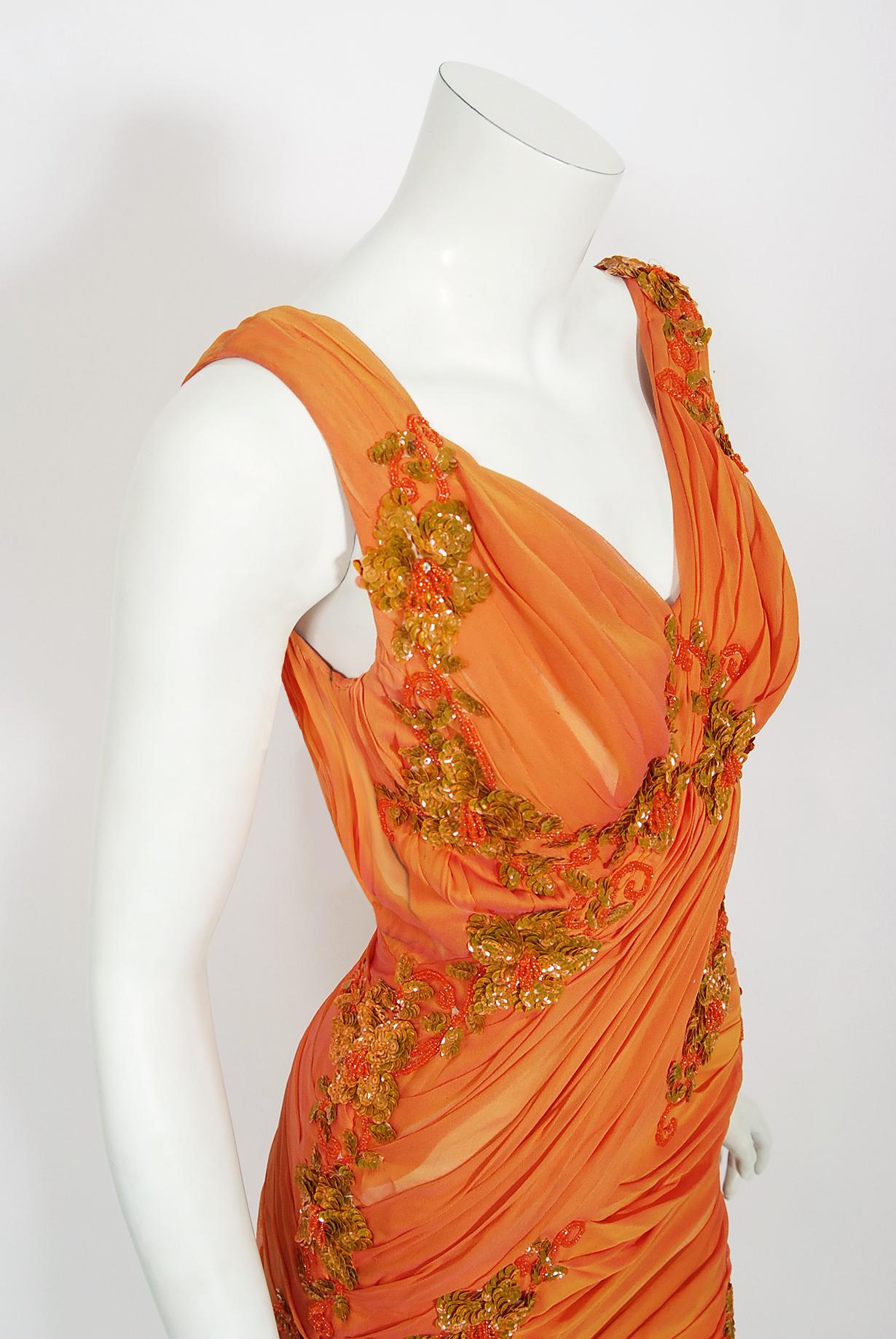 Vintage 1950s Orange Beaded Appliqué Ruched Chiffon Hourglass Old Hollywood Gown 2