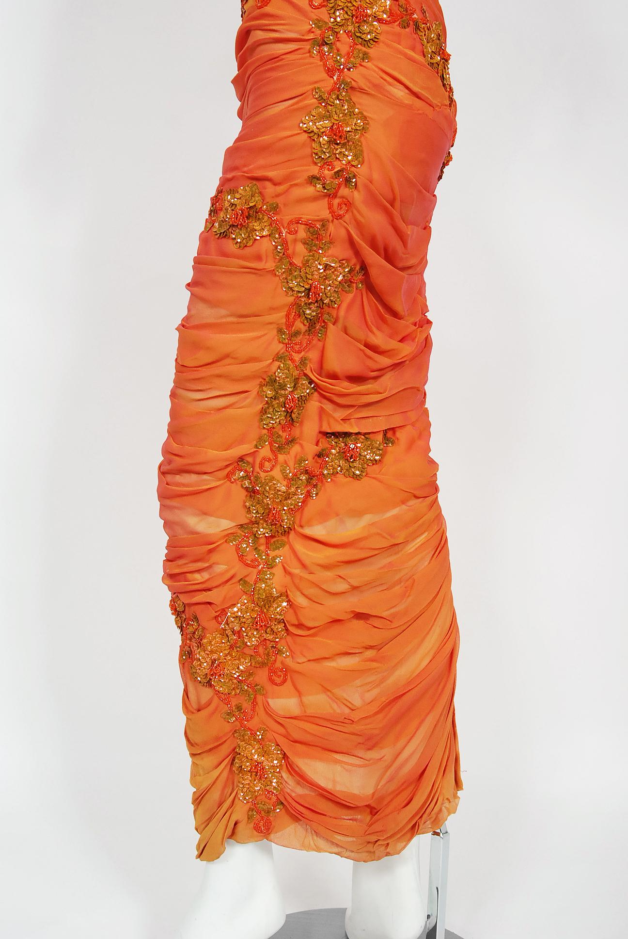 Vintage 1950s Orange Beaded Appliqué Ruched Chiffon Hourglass Old Hollywood Gown 3