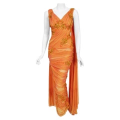 Vintage 1950s Orange Beaded Appliqué Ruched Chiffon Hourglass Old Hollywood Gown