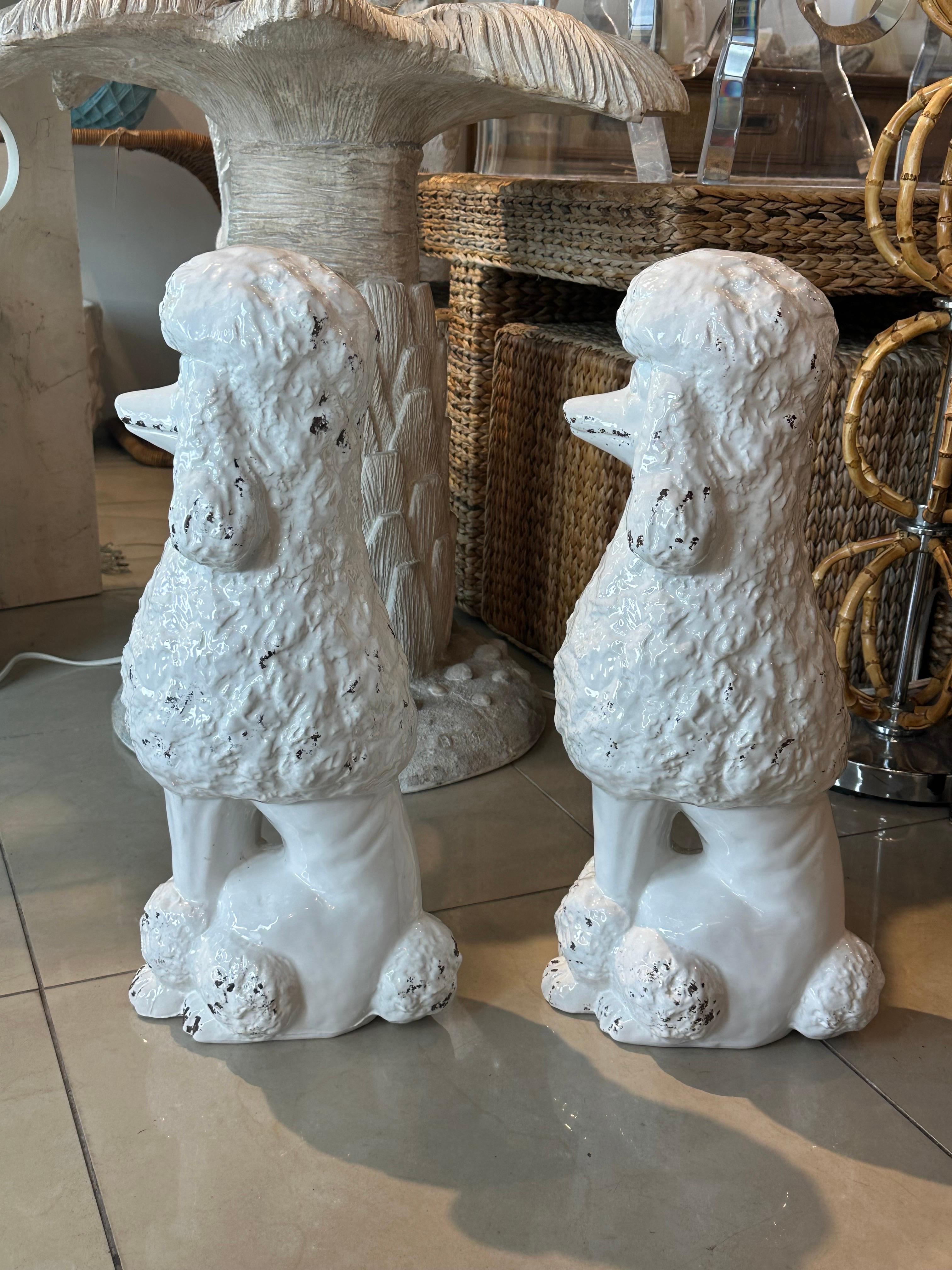Italiano Vintage anni '50 Coppia di statue di cani barboncini bianchi in ceramica Made in Italy in vendita