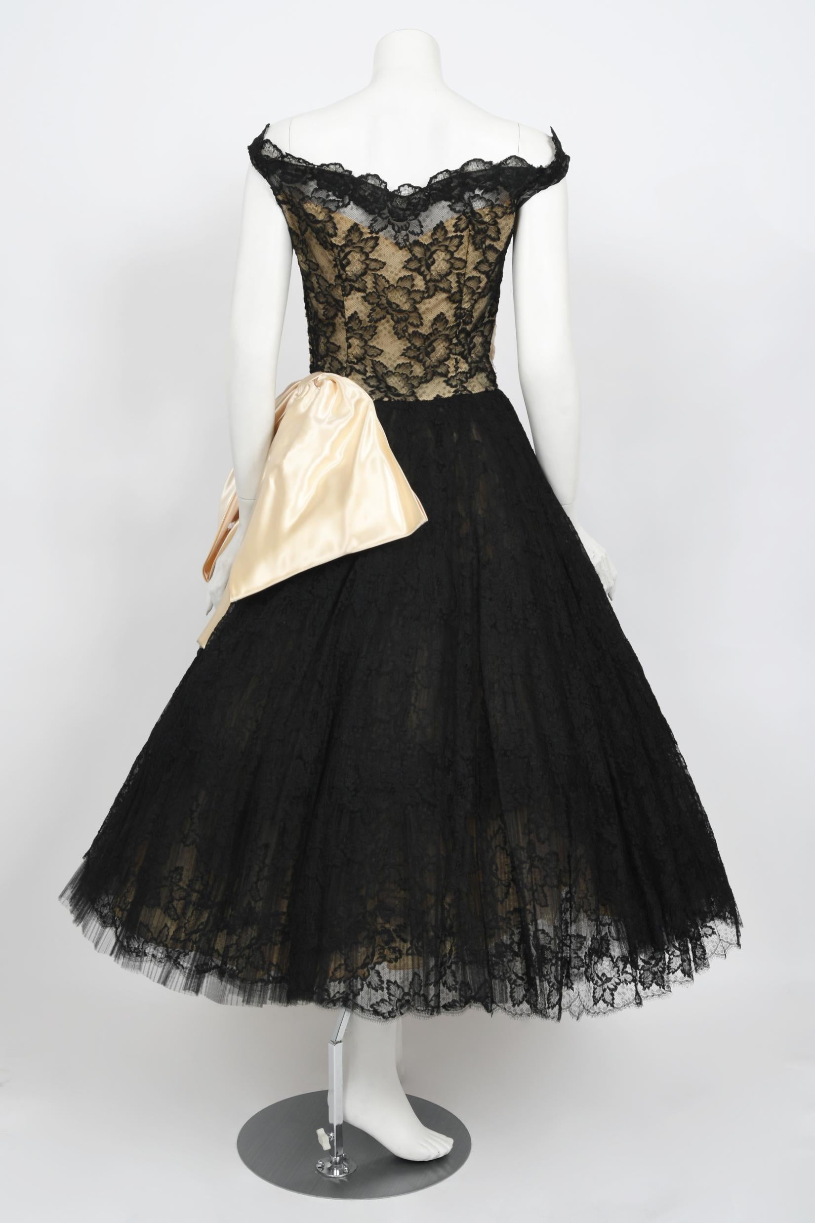 Vintage 1950's Pauline Trigere Black Lace & Ivory Satin Off-Shoulder Party Dress For Sale 7