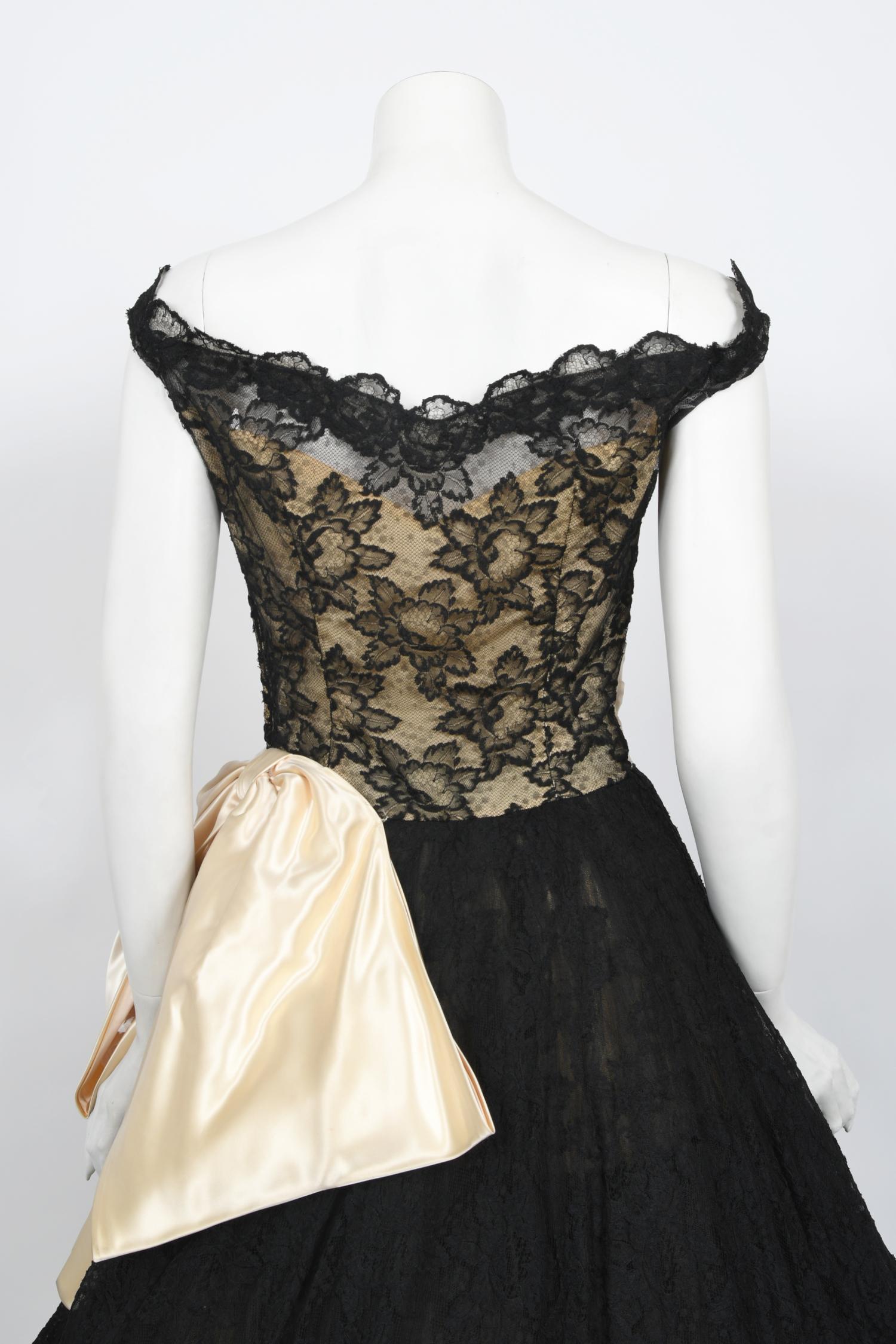 Vintage 1950's Pauline Trigere Black Lace & Ivory Satin Off-Shoulder Party Dress For Sale 8
