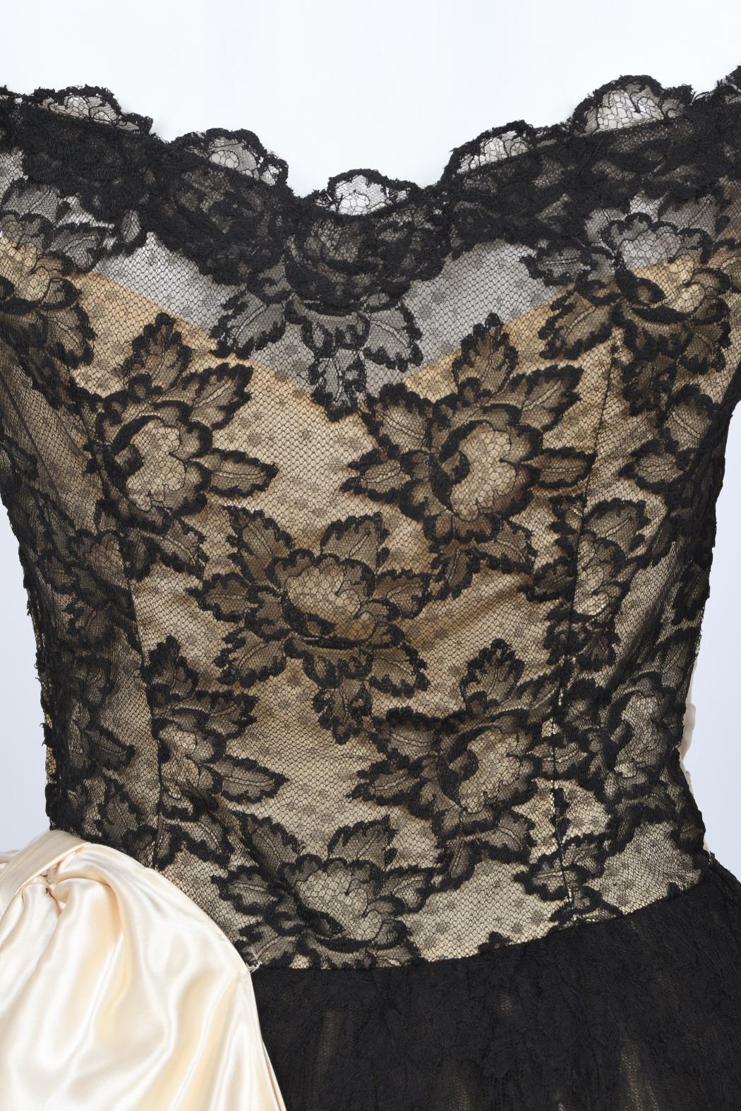 Vintage 1950's Pauline Trigere Black Lace & Ivory Satin Off-Shoulder Party Dress For Sale 9