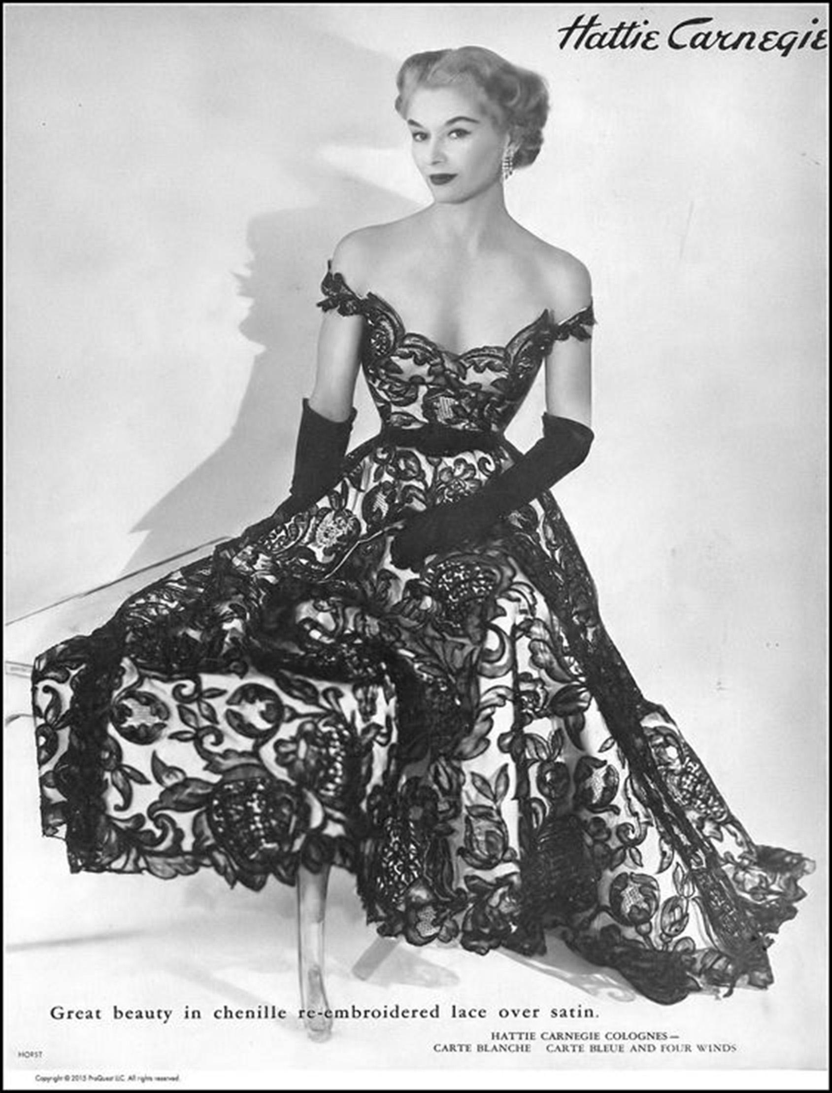 Vintage 1950's Pauline Trigere Black Lace & Ivory Satin Off-Shoulder Party Dress For Sale 12