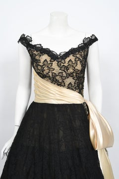 1950's Pauline Trigere Couture Black Lace & Ivory Satin Off-Shoulder Party Dress