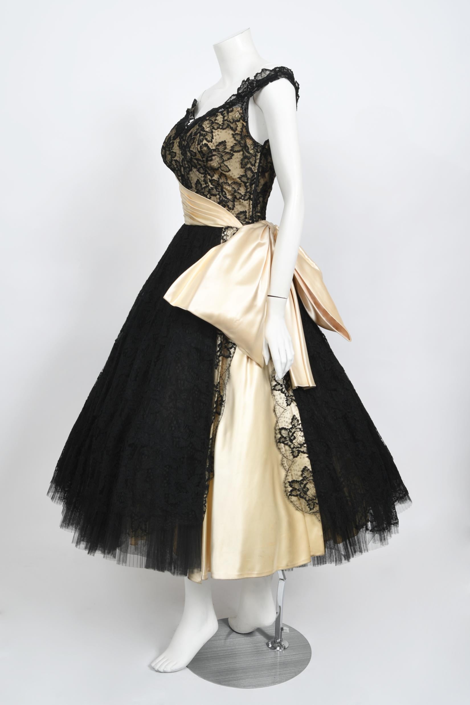 Women's Vintage 1950's Pauline Trigere Black Lace & Ivory Satin Off-Shoulder Party Dress For Sale