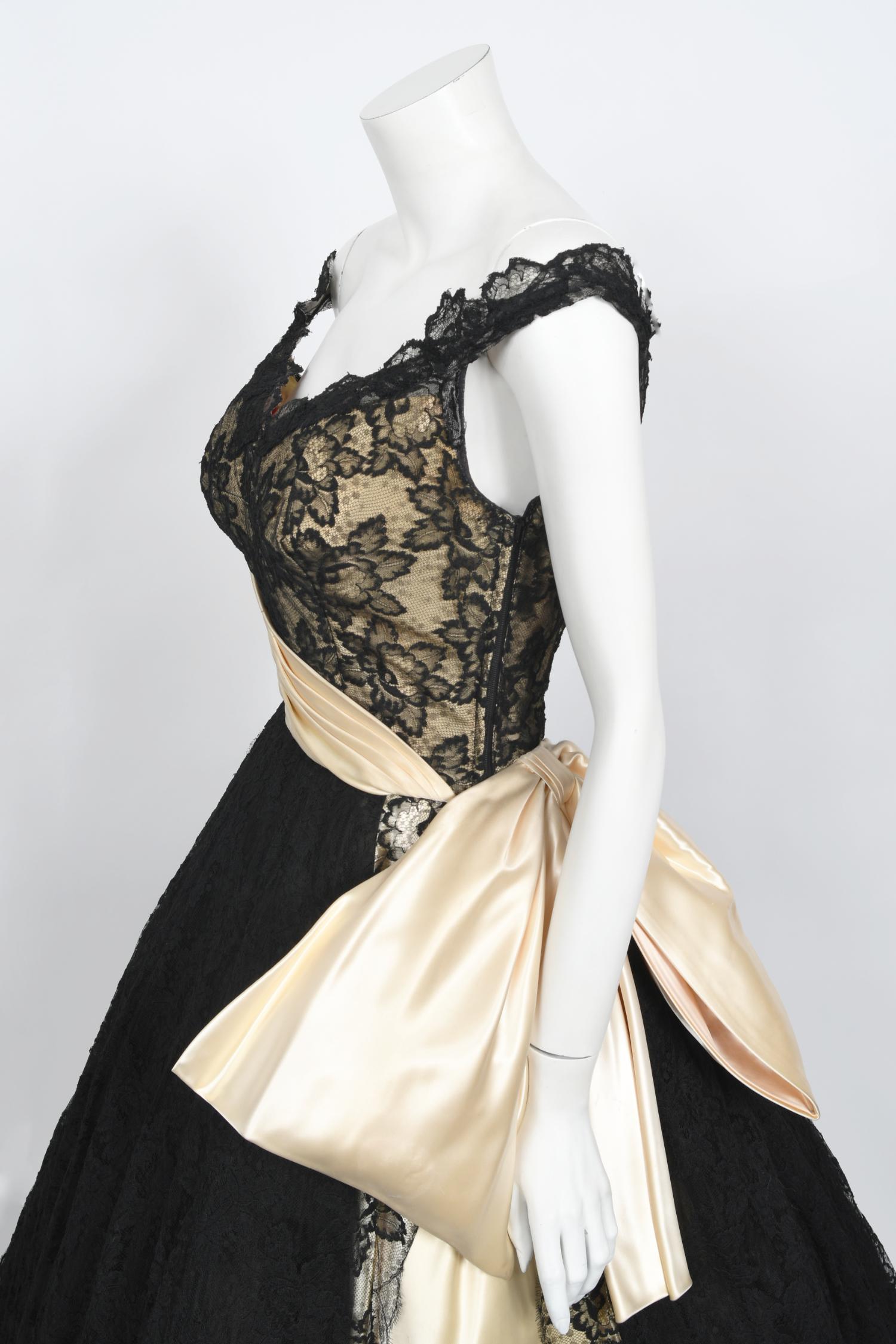 Vintage 1950's Pauline Trigere Black Lace & Ivory Satin Off-Shoulder Party Dress For Sale 1