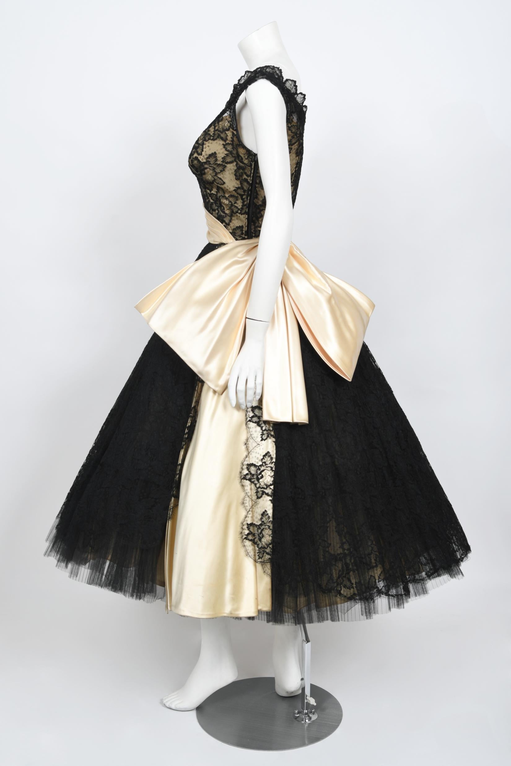 Vintage 1950's Pauline Trigere Black Lace & Ivory Satin Off-Shoulder Party Dress For Sale 3