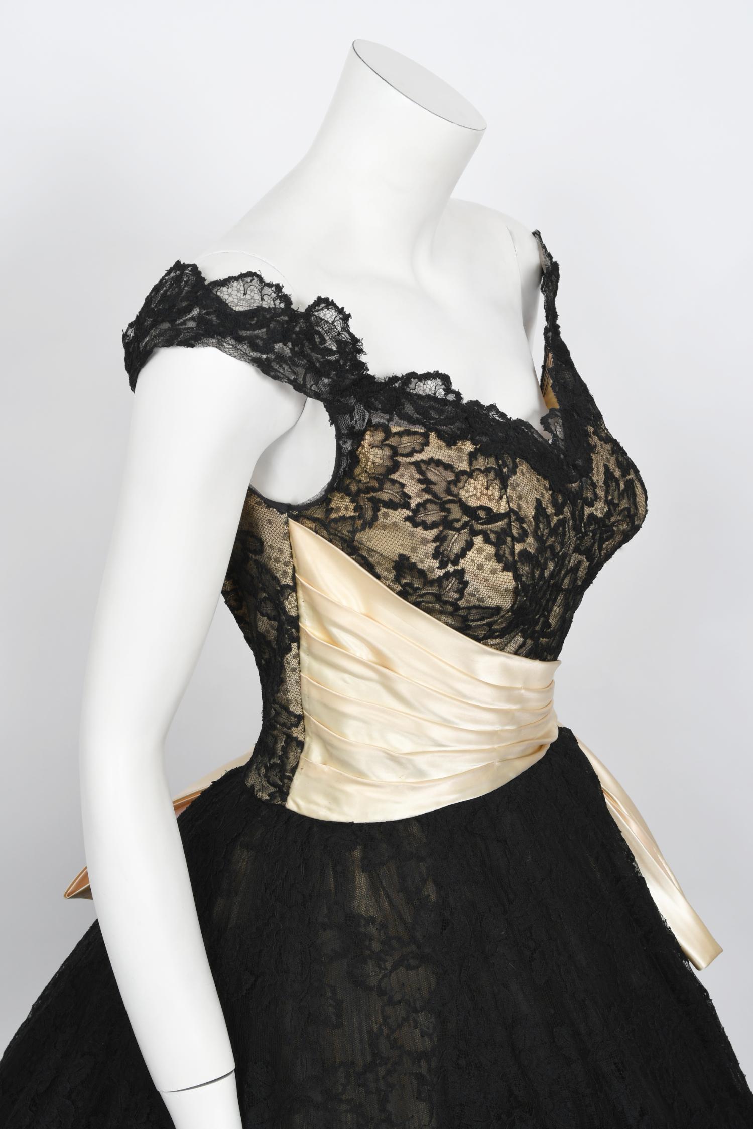 Vintage 1950's Pauline Trigere Black Lace & Ivory Satin Off-Shoulder Party Dress For Sale 6