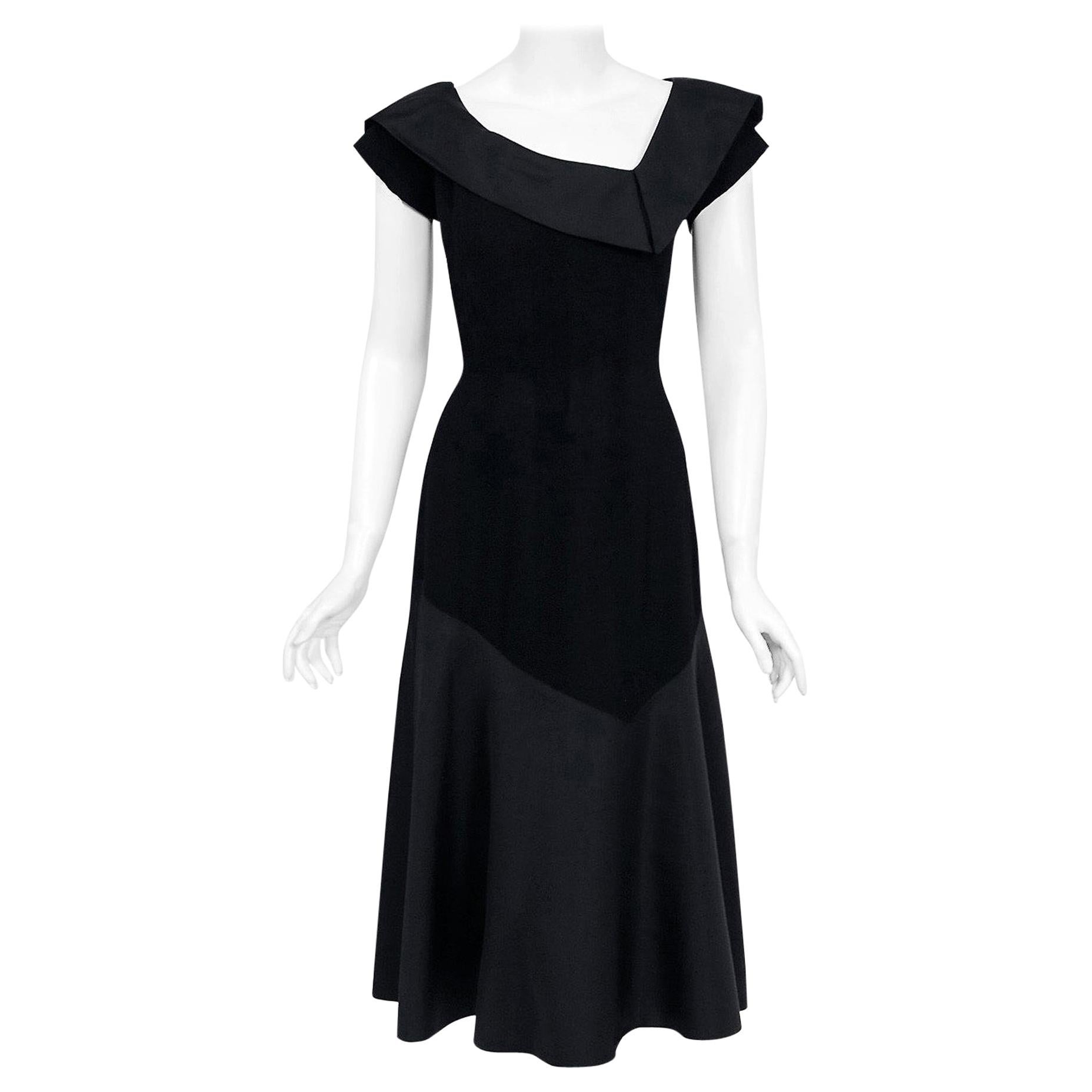 Vintage 1950's Pauline Trigere Black Wool and Silk Asymmetric Flounce Dress  
