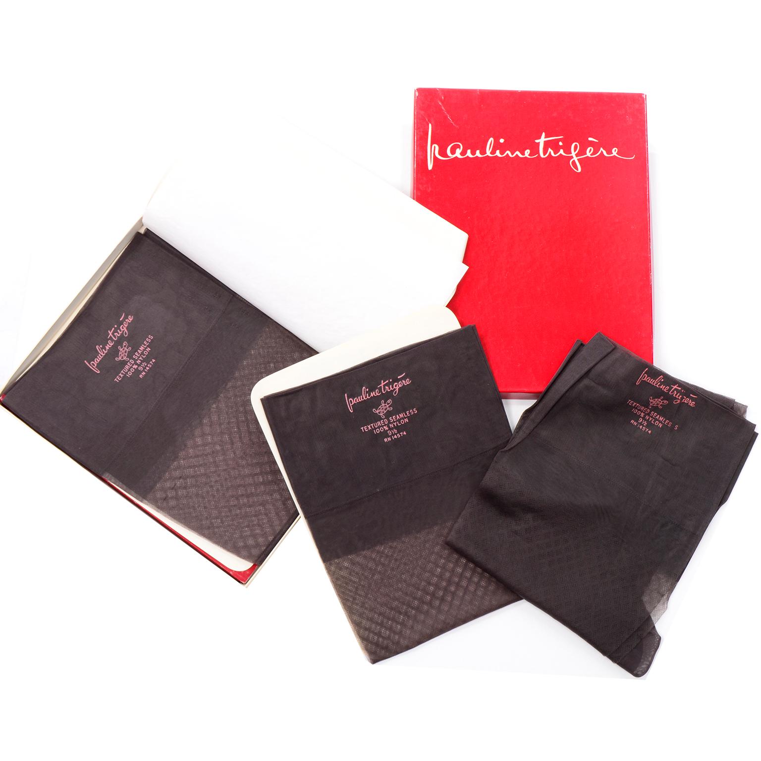 These rare mid century vintage stockings from Pauline Trigere are unworn and still in their original red Pauline Trigere box.  This group of  1950's hosiery includes 3 pair of textured nylon stockings and they are labeled a size 9 and 1/2.  Such a
