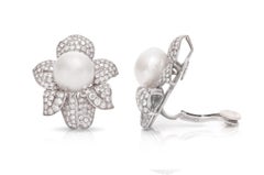 Vintage 1950s Pearl and 13.50 Carat Diamond Flower Earrings