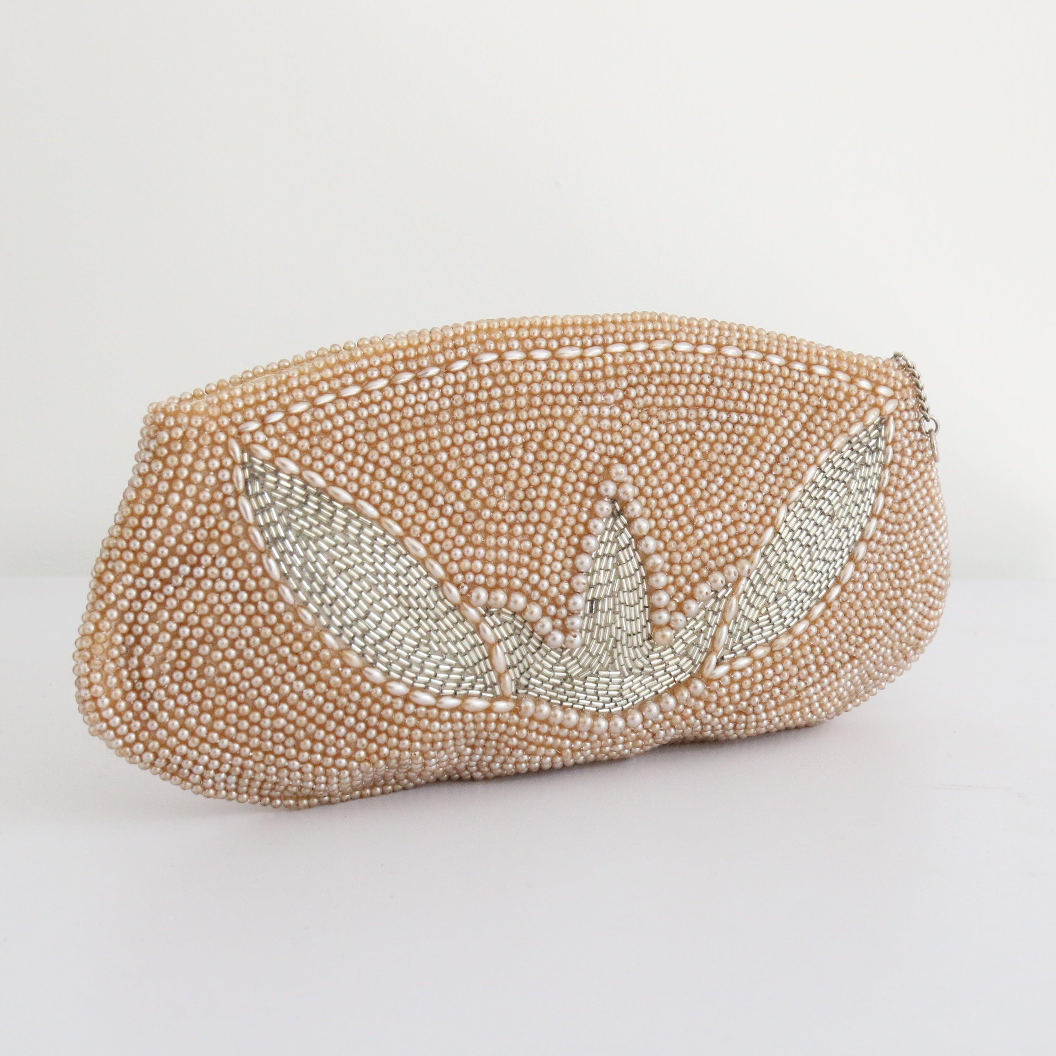 Beige Vintage 1950's Pearl and silver beaded clutch bag small evening bag pearl bag For Sale