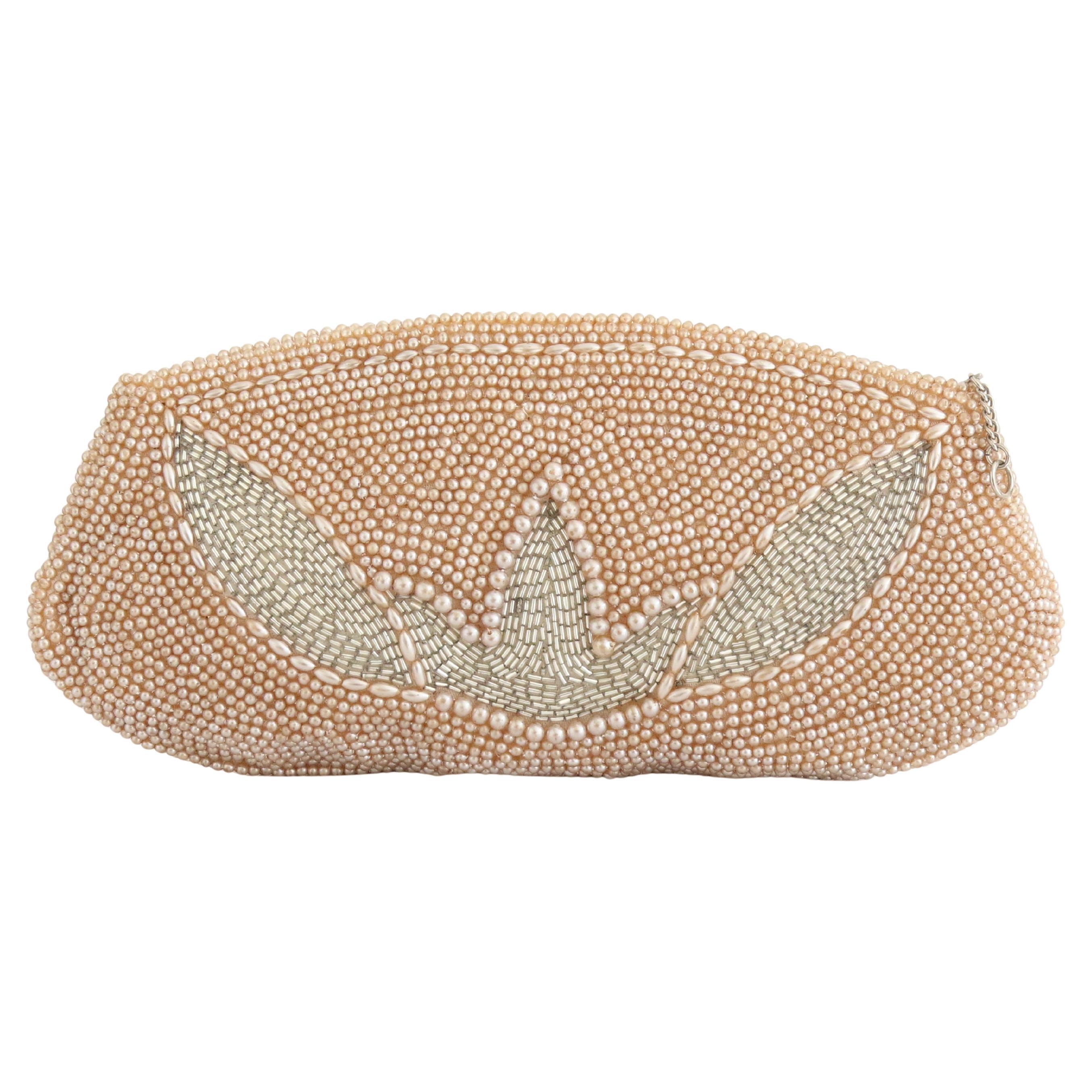 Vintage 1950's Pearl and silver beaded clutch bag small evening bag pearl bag For Sale