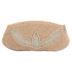 Vintage 1950's Pearl and silver beaded clutch bag small evening bag pearl bag