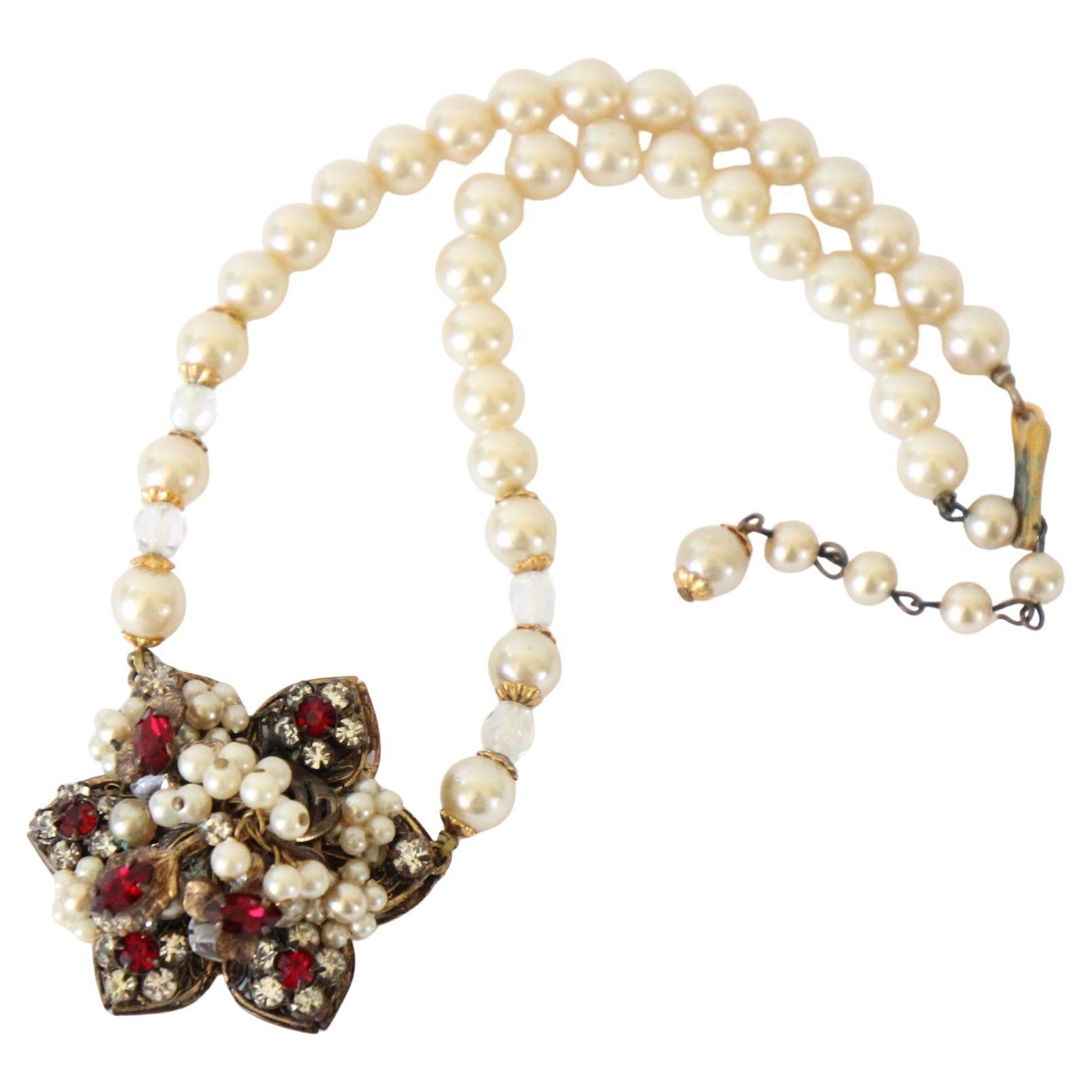 Vintage 1950
s Pearl necklace floral filigree red rhinestone pendant pearls For Sale