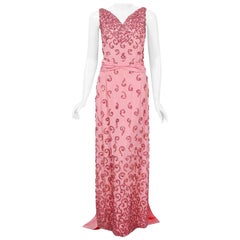 Vintage 1950s Pedro Rodriguez Couture Pink Beaded Silk Hourglass Trained Gown