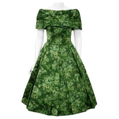 Vintage 1950's Peggy Hunt Green Floral Silk Portrait-Collar Pleated Full Dress 