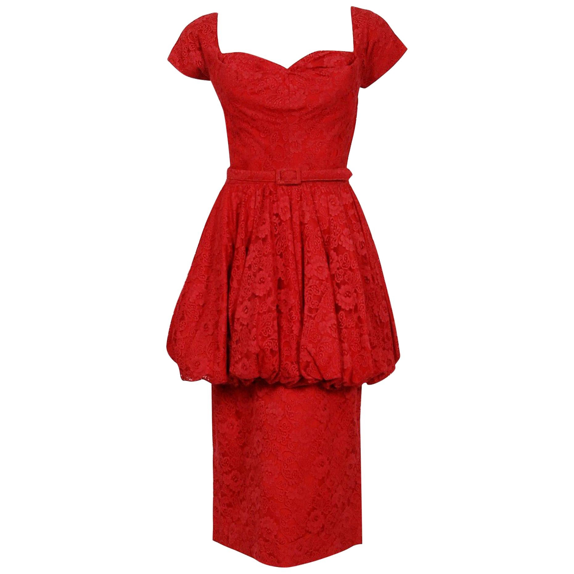 Vintage 1950's Perdieu Cherry-Red Lace Sweetheart Belted Peplum Cocktail Dress 