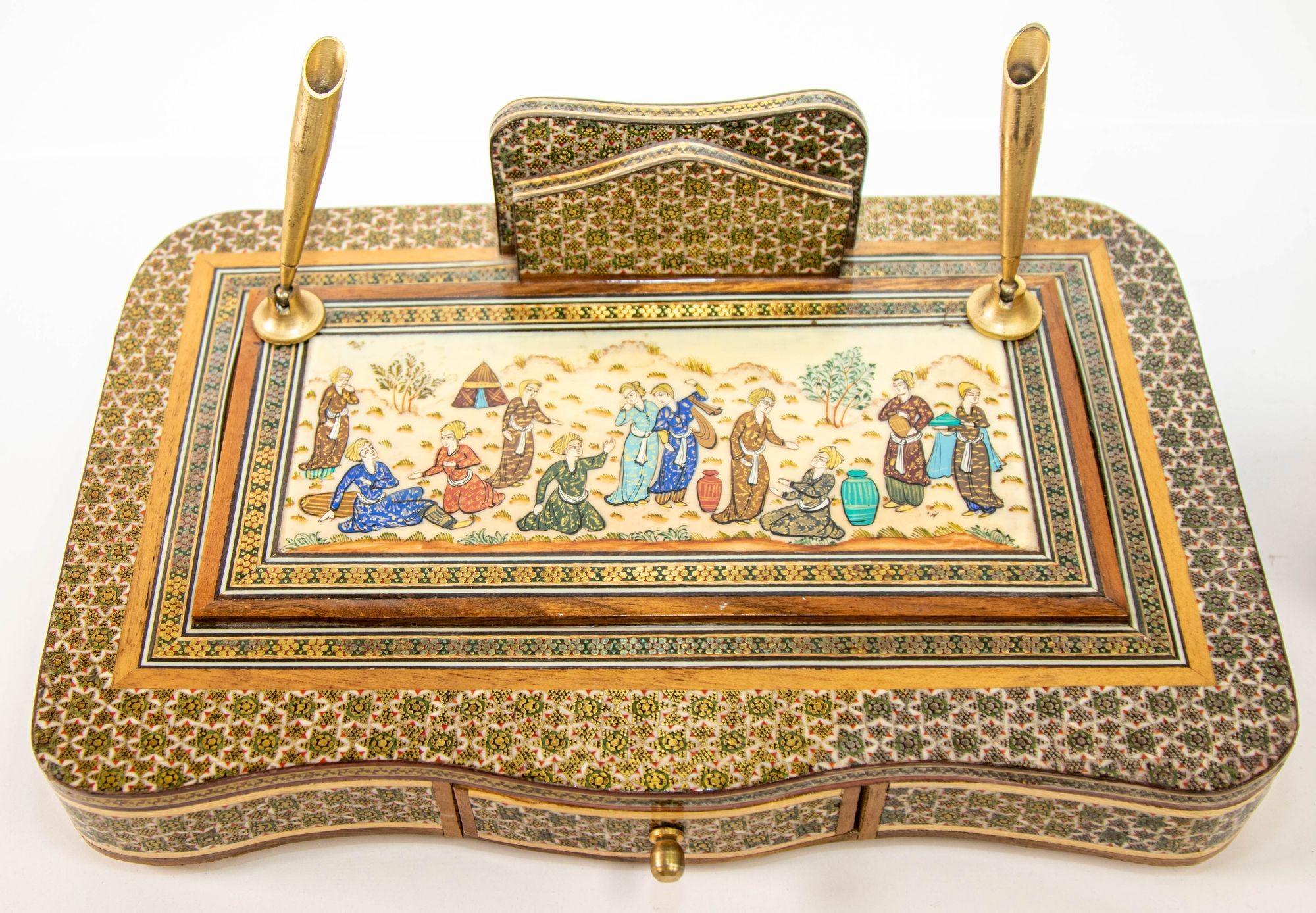 Vintage 1950s Persian Khatam Hand Painted Pen and Letter Desk Set 5