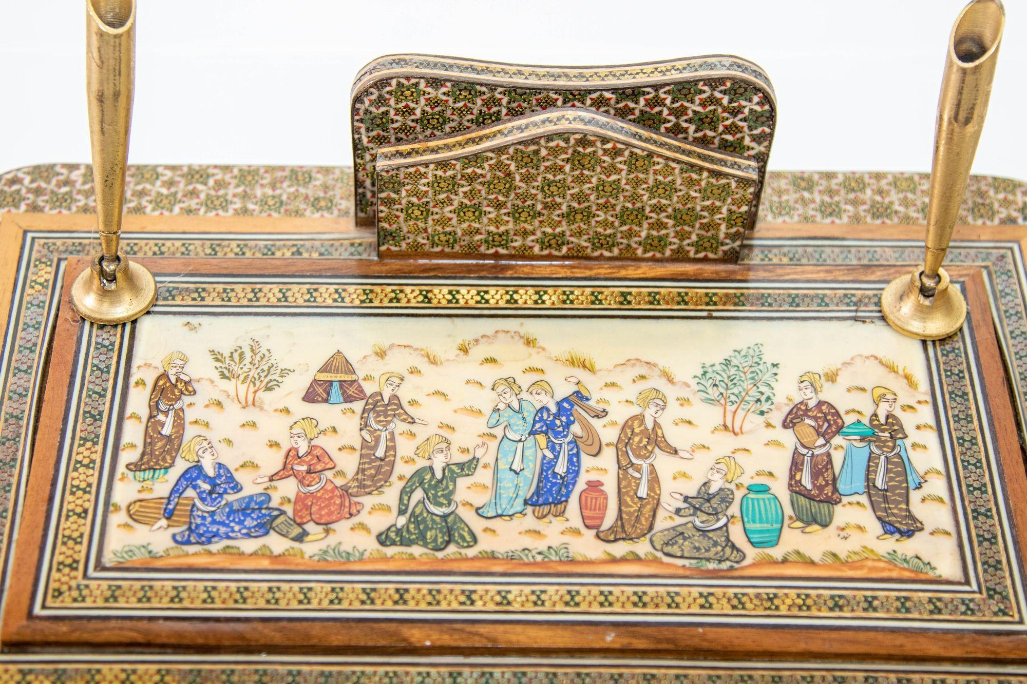 Islamique Vintage 1950s Persian Khatam Hand Painted Pen and Letter Desk Set