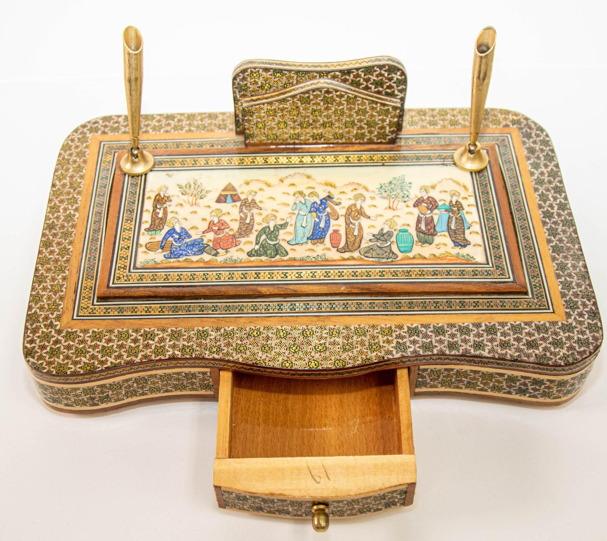 Asiatique Vintage 1950s Persian Khatam Hand Painted Pen and Letter Desk Set