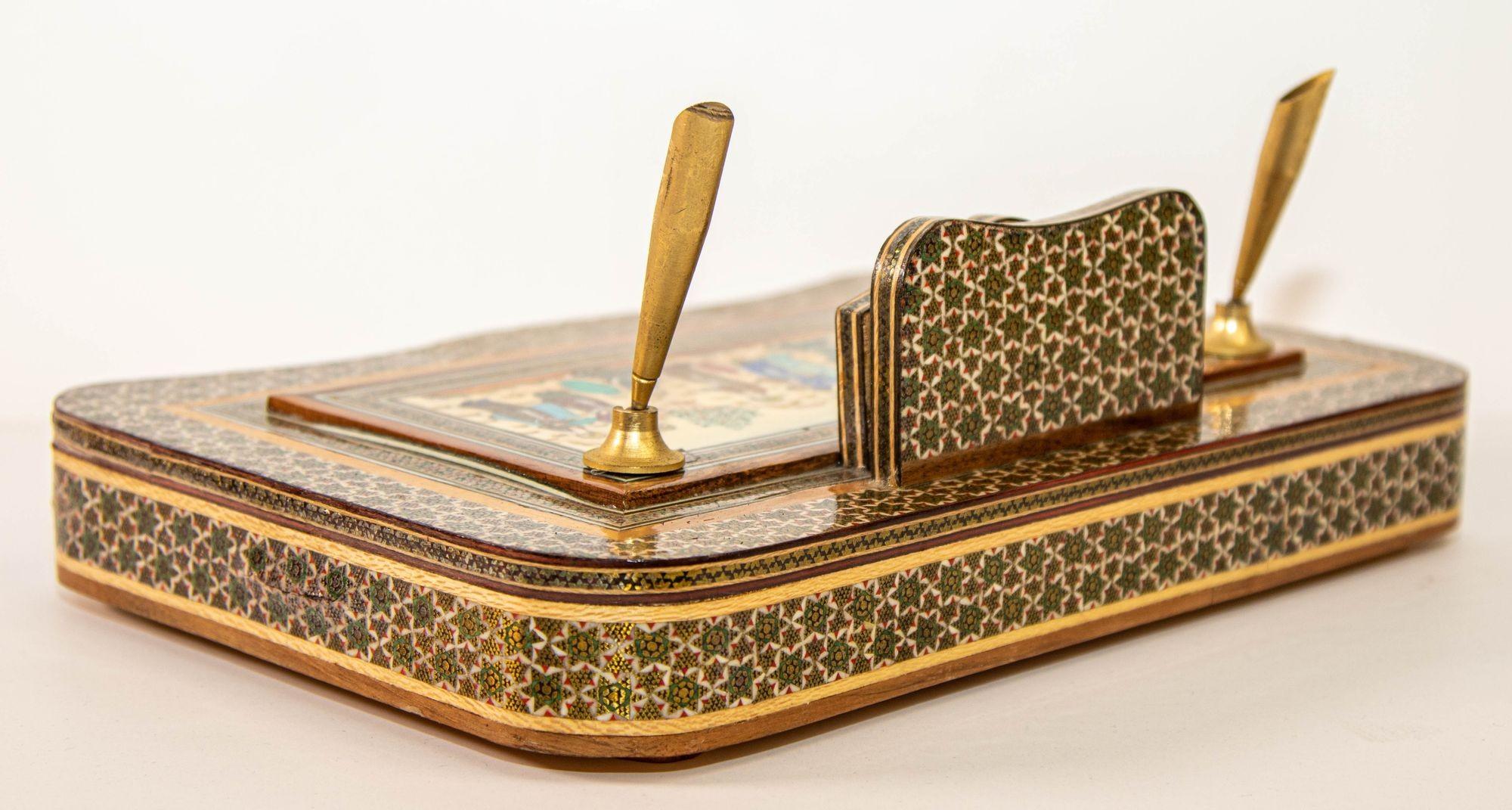 Vintage 1950s Persian Khatam Hand Painted Pen and Letter Desk Set In Good Condition For Sale In North Hollywood, CA