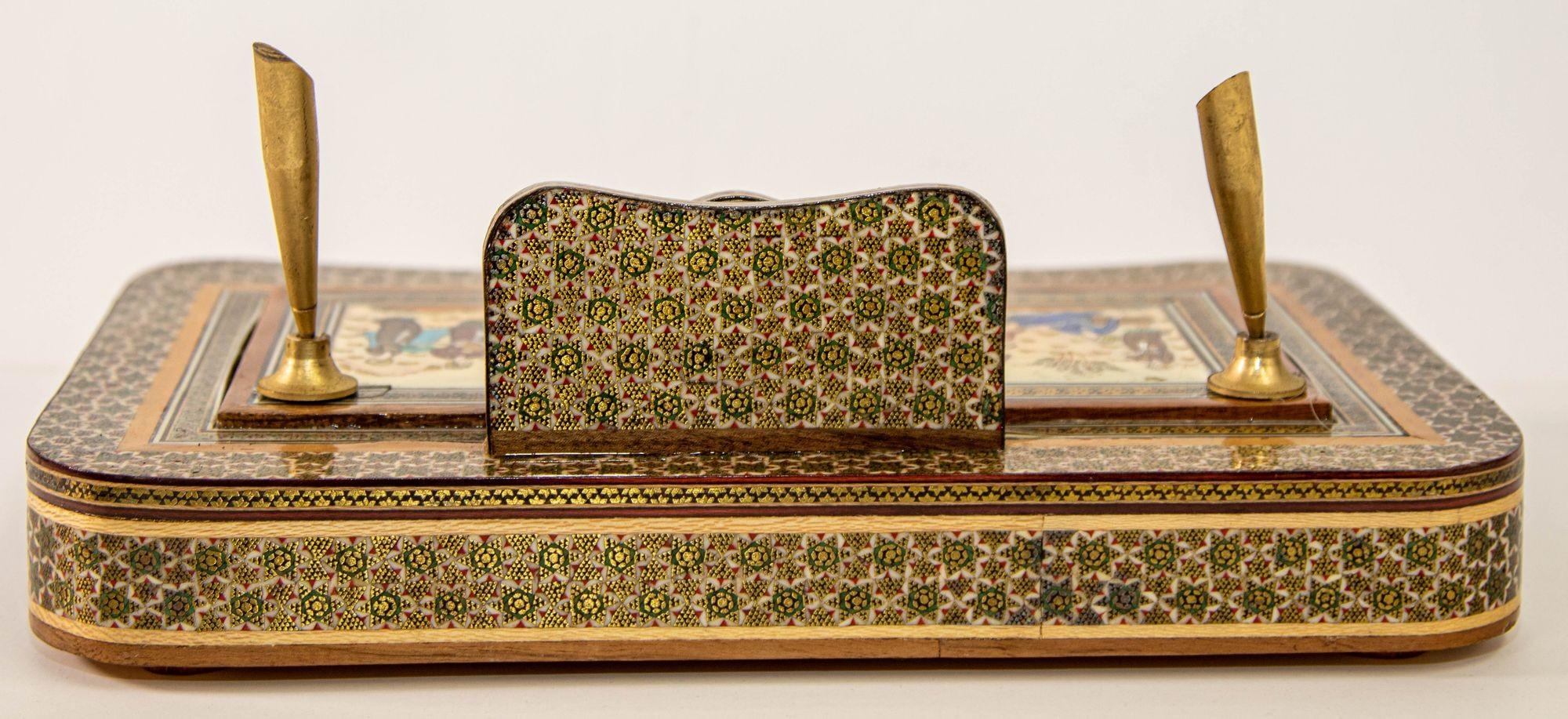 Fruitiers Vintage 1950s Persian Khatam Hand Painted Pen and Letter Desk Set