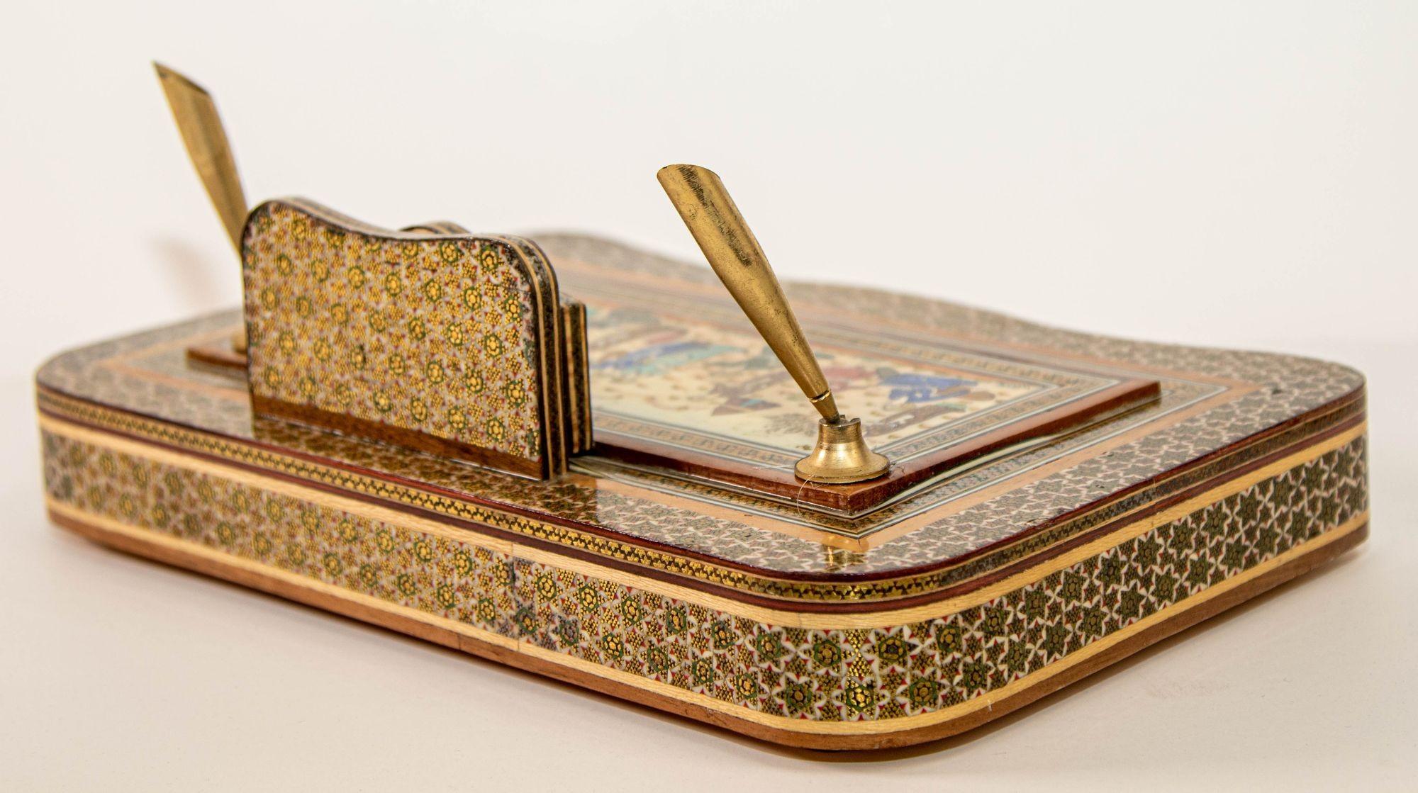 Vintage 1950s Persian Khatam Hand Painted Pen and Letter Desk Set 1