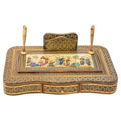 Vintage 1950s Persian Khatam Hand Painted Pen and Letter Desk Set