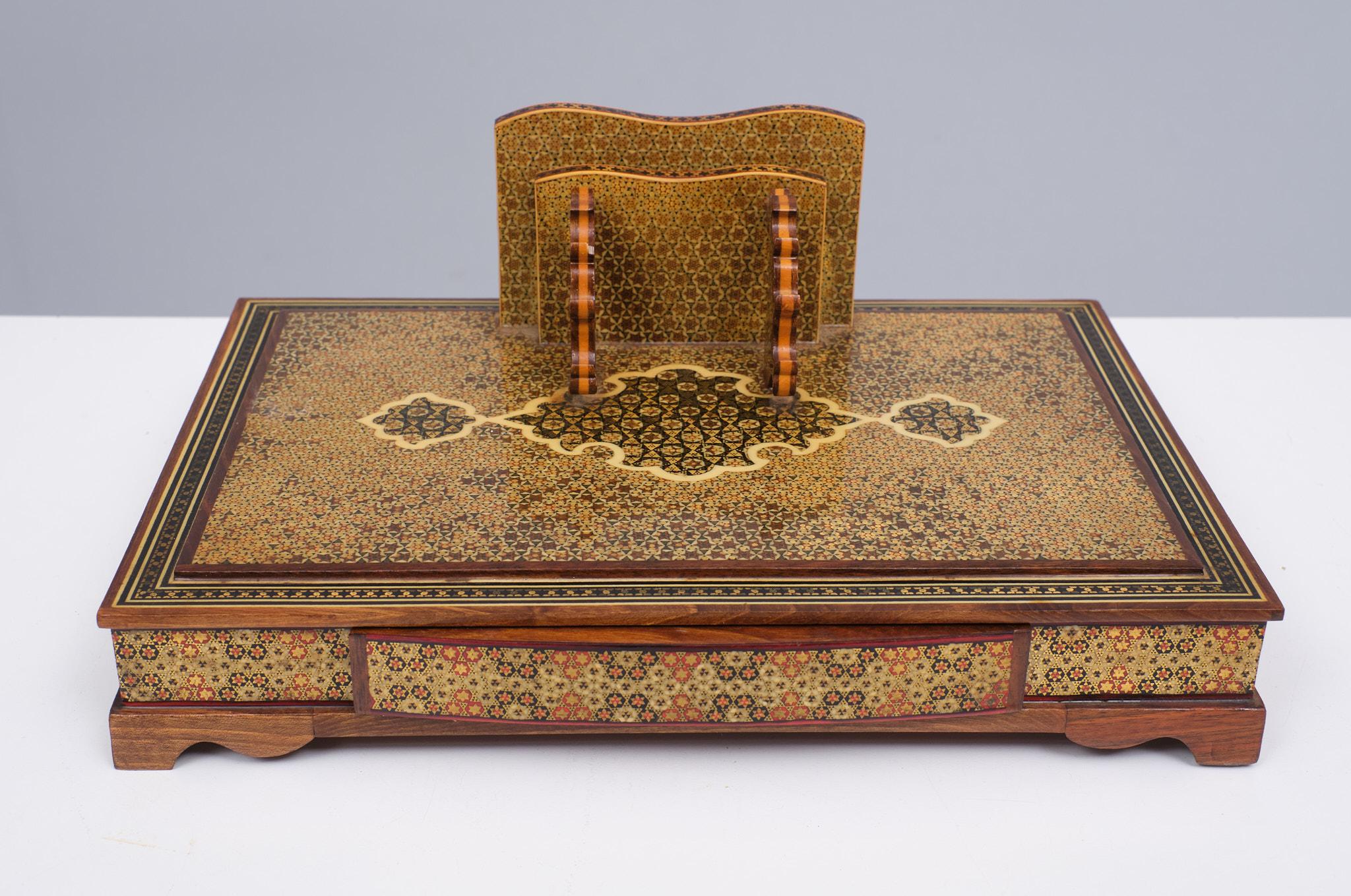 Very nice Three piece desk set 
The mosaic design work is gorgeous, using various color woods and other natural materials. 
This wooden desk set pen holder is completely covered with Khatam inlaid mosaic marquetry. Khatam is a Persian version of