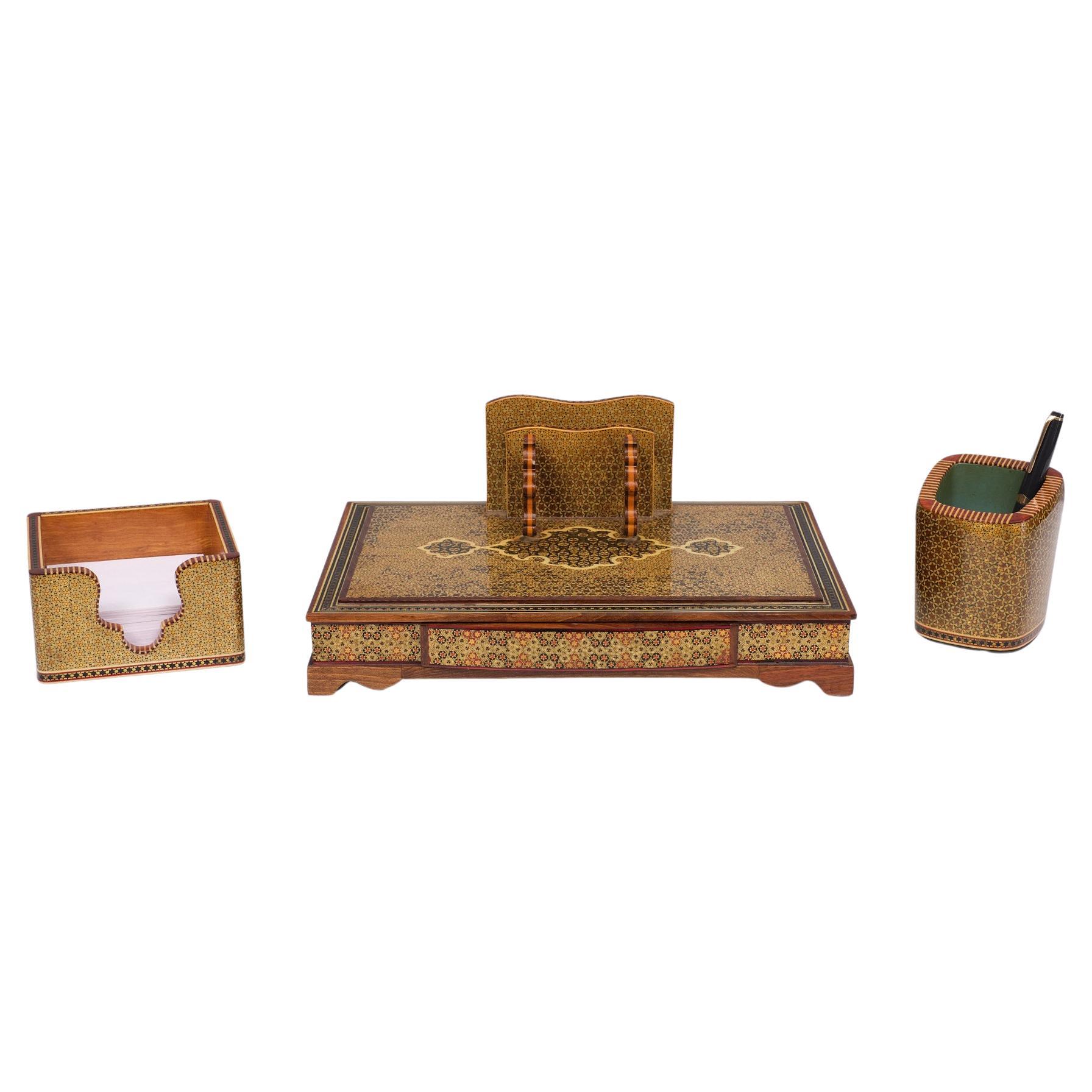 Vintage 1950er Persisch Khatam Stift und Brief Schreibtisch Set