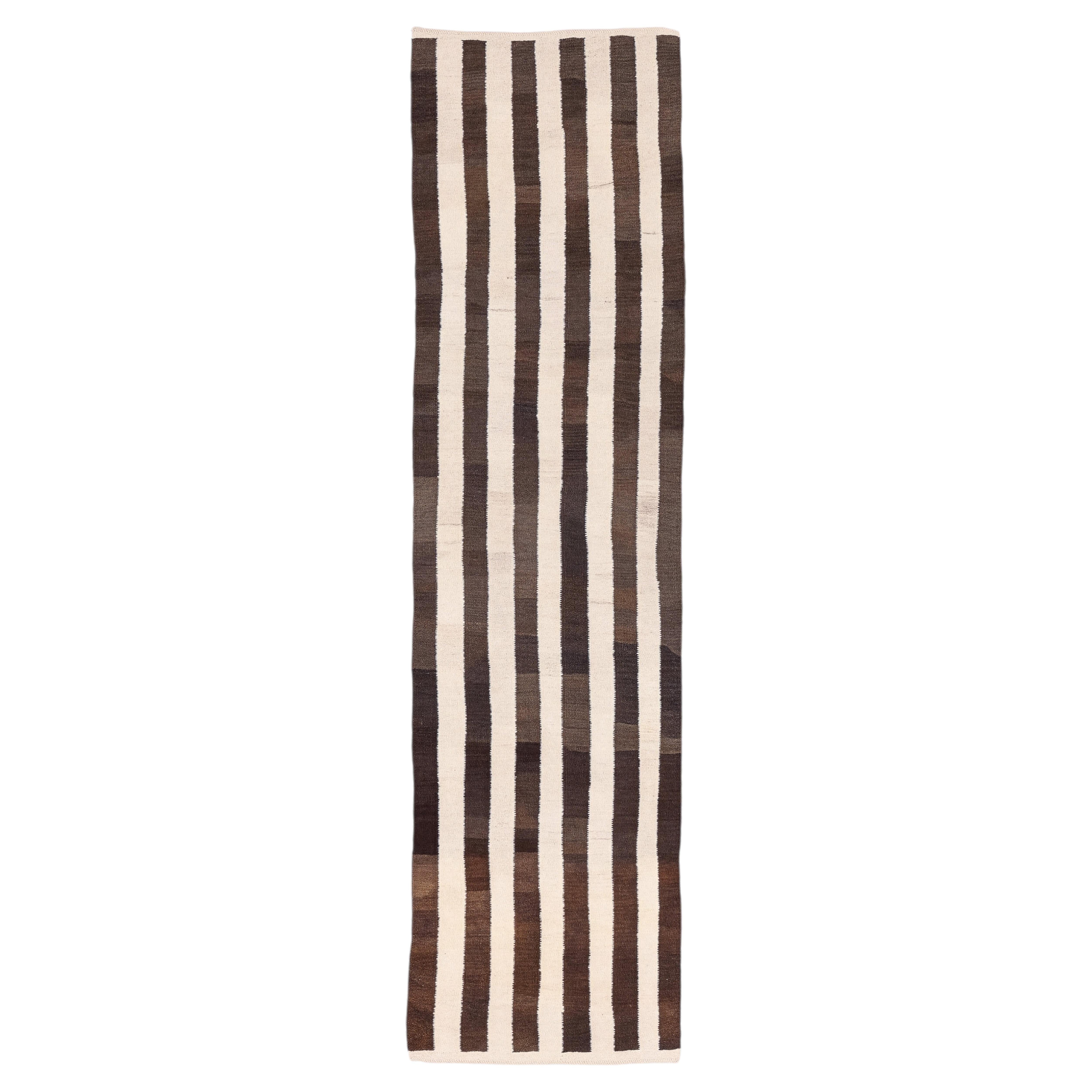 Striped Tribal Kilim Runner Wool Rug, Brown and Cream Earth Tones, c. 1950
