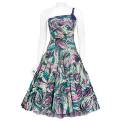 Vintage 1950's Perullo Abstract Atomic Purple Blue Cotton One-Shoulder Dress