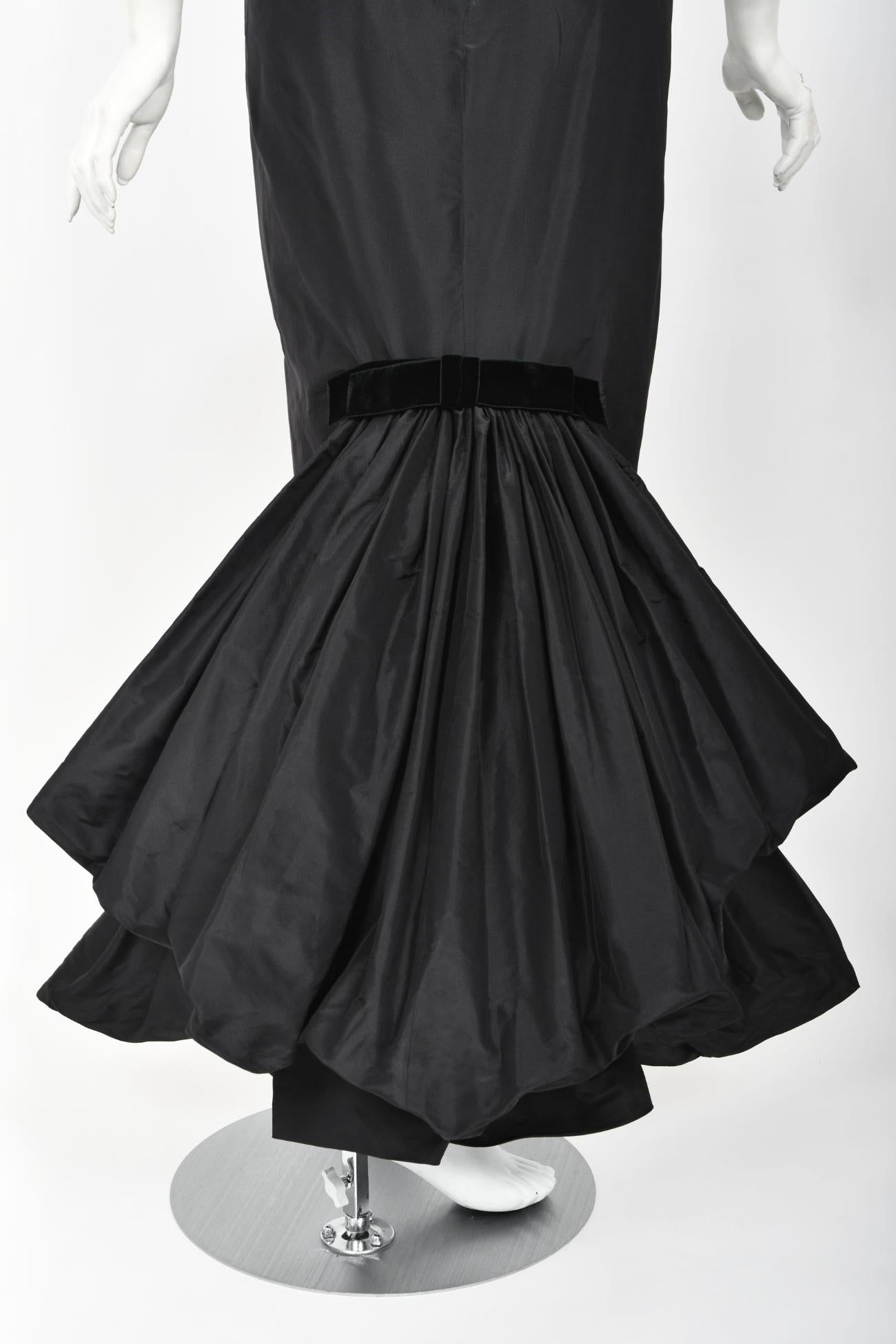 Vintage 1950's Philip Hulitar Old Hollywood Black Silk Hourglass Fishtail Dress For Sale 8