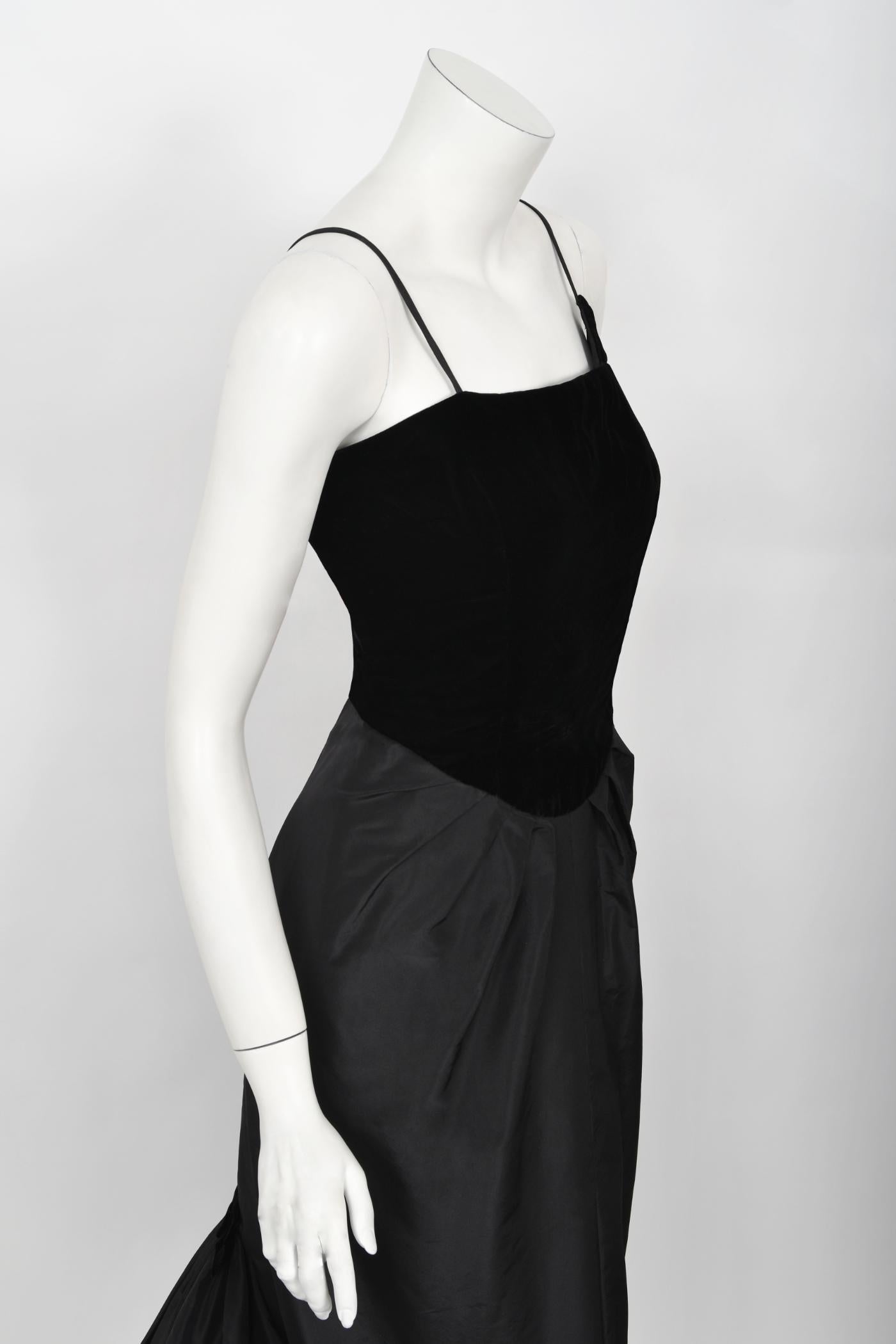 Vintage 1950's Philip Hulitar Old Hollywood Black Silk Hourglass Fishtail Dress In Good Condition For Sale In Beverly Hills, CA