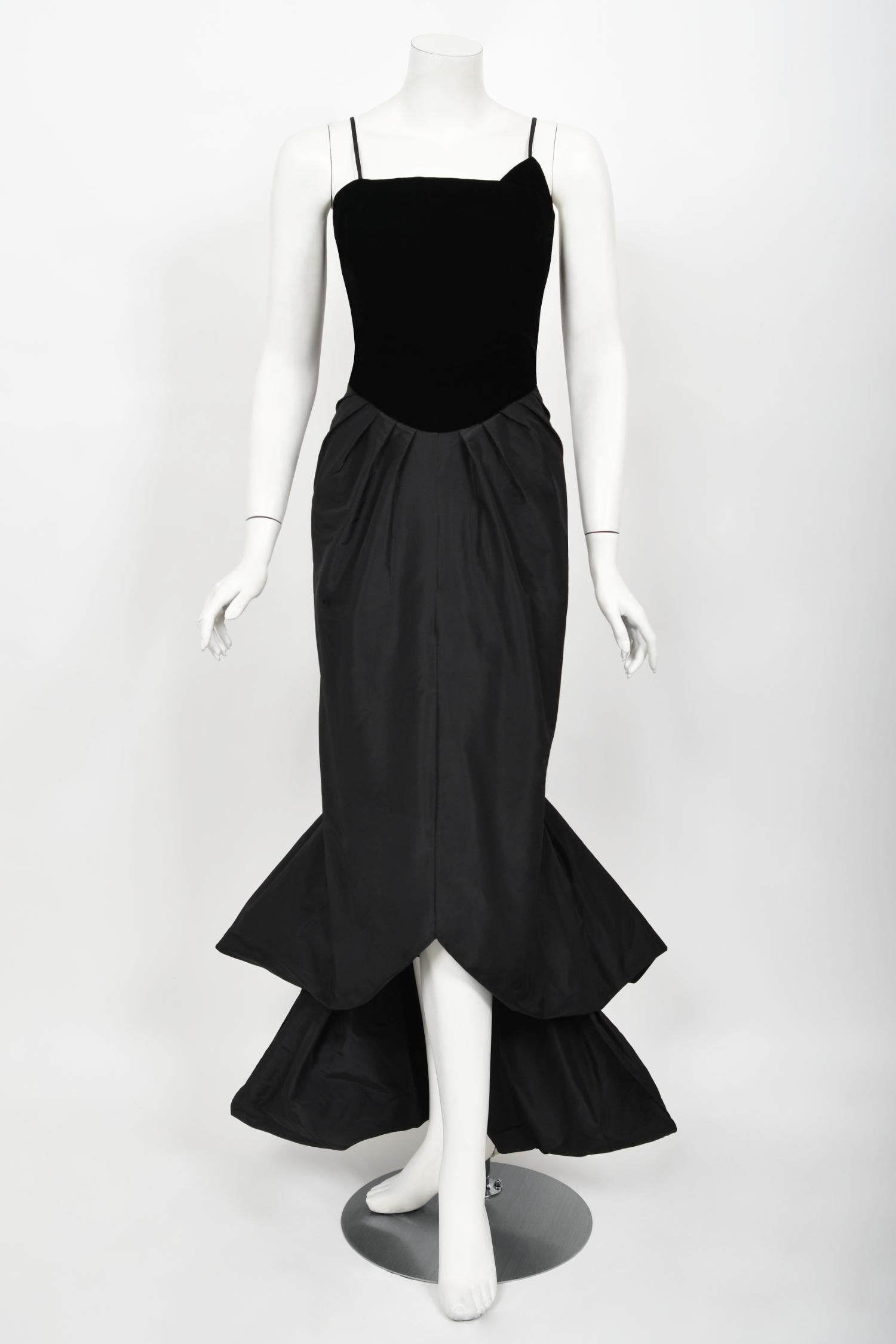 Vintage 1950's Philip Hulitar Old Hollywood Black Silk Hourglass Fishtail Dress For Sale 2