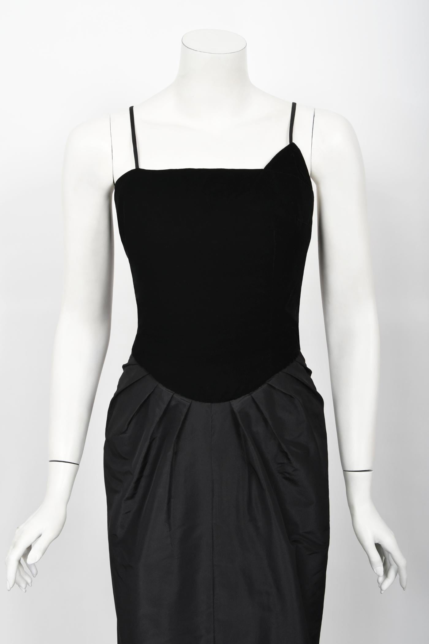 Vintage 1950's Philip Hulitar Old Hollywood Black Silk Hourglass Fishtail Dress For Sale 3