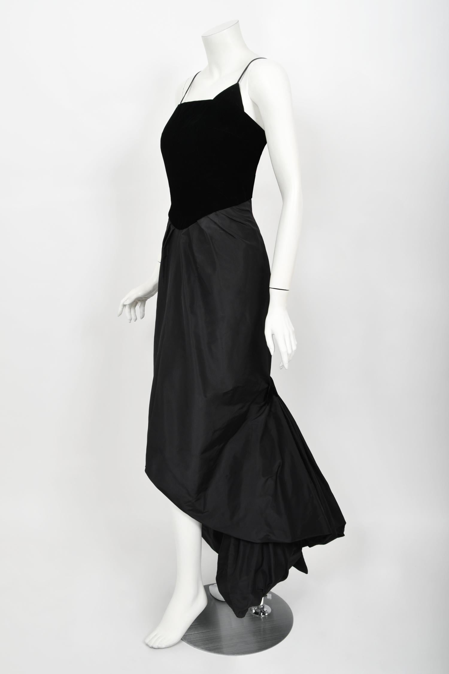 Vintage 1950's Philip Hulitar Old Hollywood Black Silk Hourglass Fishtail Dress For Sale 4