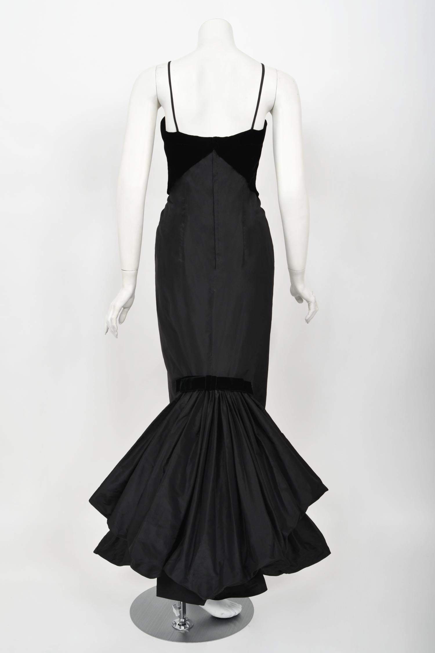 Vintage 1950's Philip Hulitar Old Hollywood Black Silk Hourglass Fishtail Dress For Sale 6
