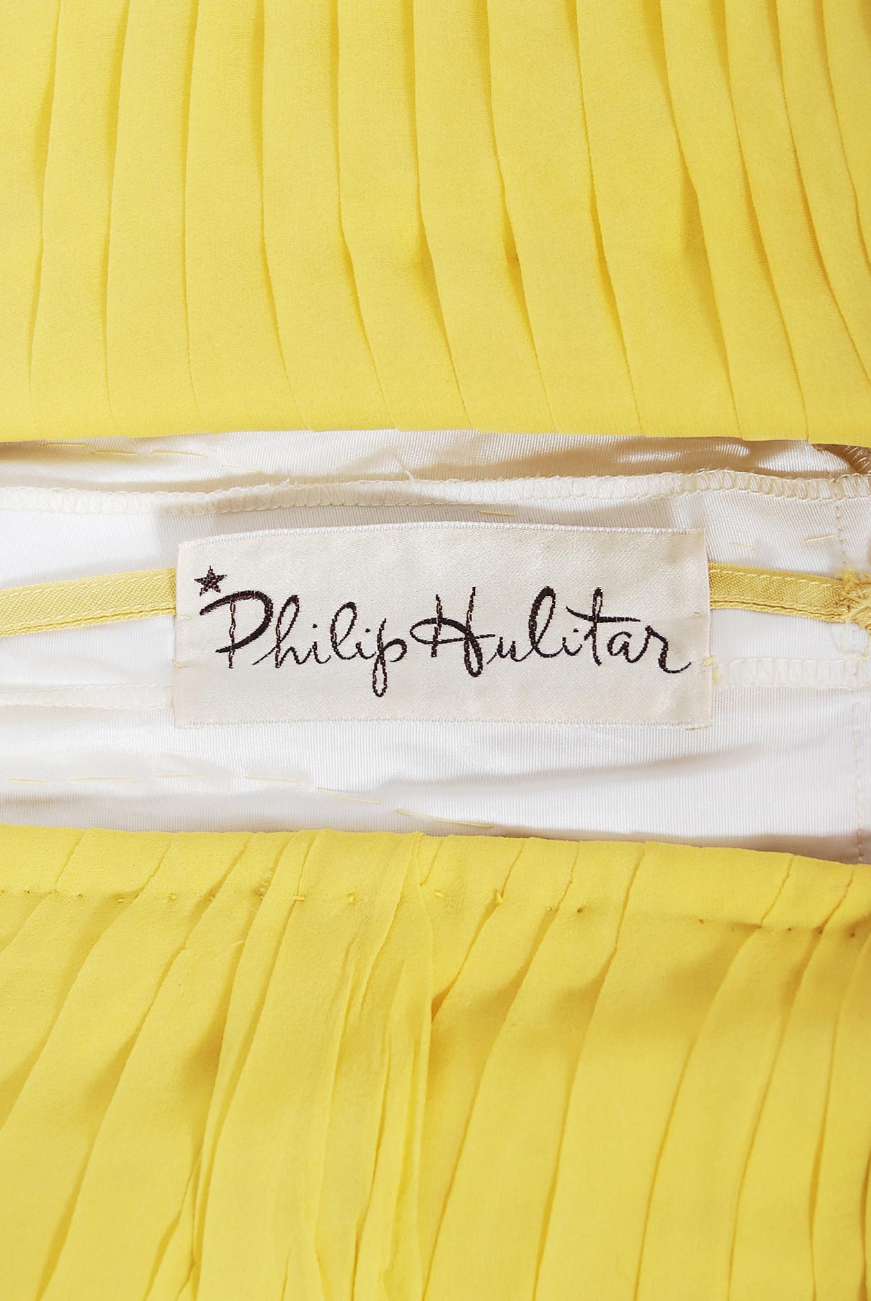 Philip Hulitar - Robe sablier drapée en mousseline de soie plissée jaune, vintage, années 1950 en vente 10