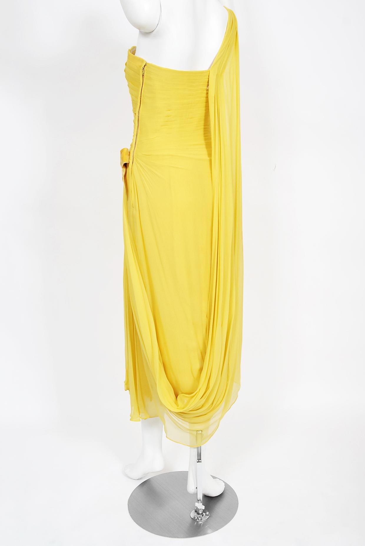 Vintage 1950's Philip Hulitar Yellow Pleated Silk Chiffon Draped Hourglass Dress For Sale 3